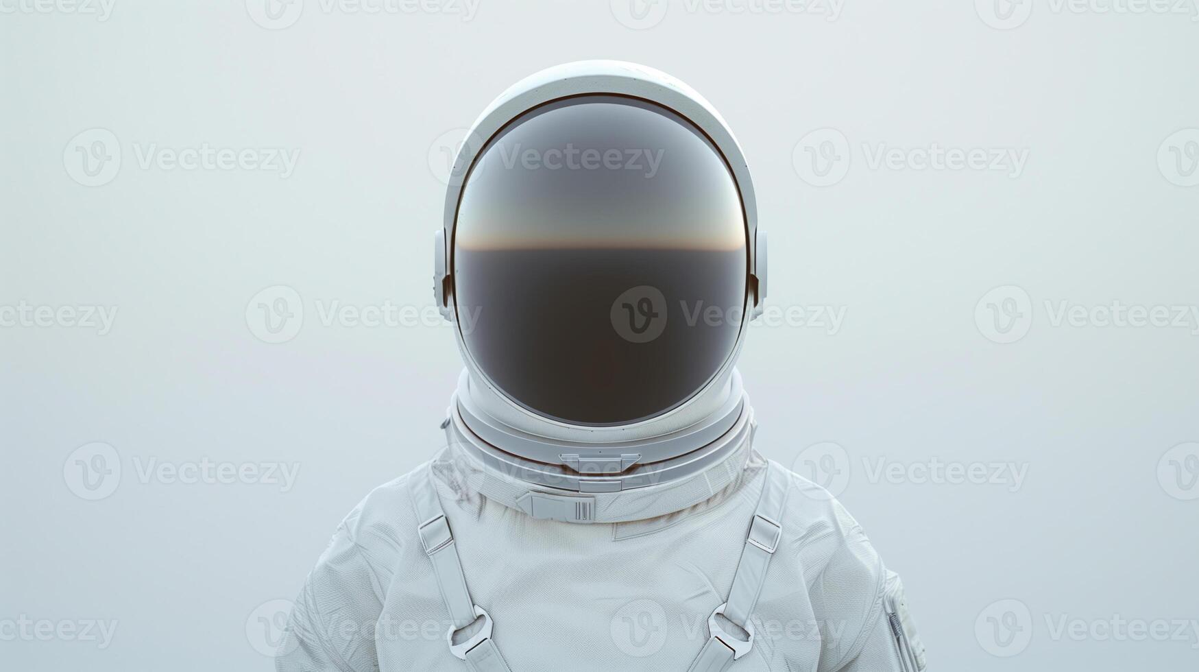 Modern Astronaut Wearing Reflective Helmet in Space Suit on Minimalist Background photo