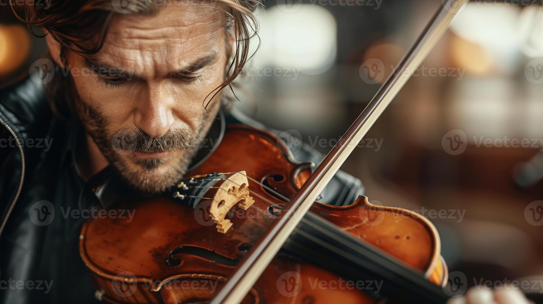 Passionate Musician Playing Violin Up Close Concentrated Expression Studio Setting Emotional Performance Musical Talent Classical Instrument Detailed Focus on Violinist's Face Intense Artistic Moment photo