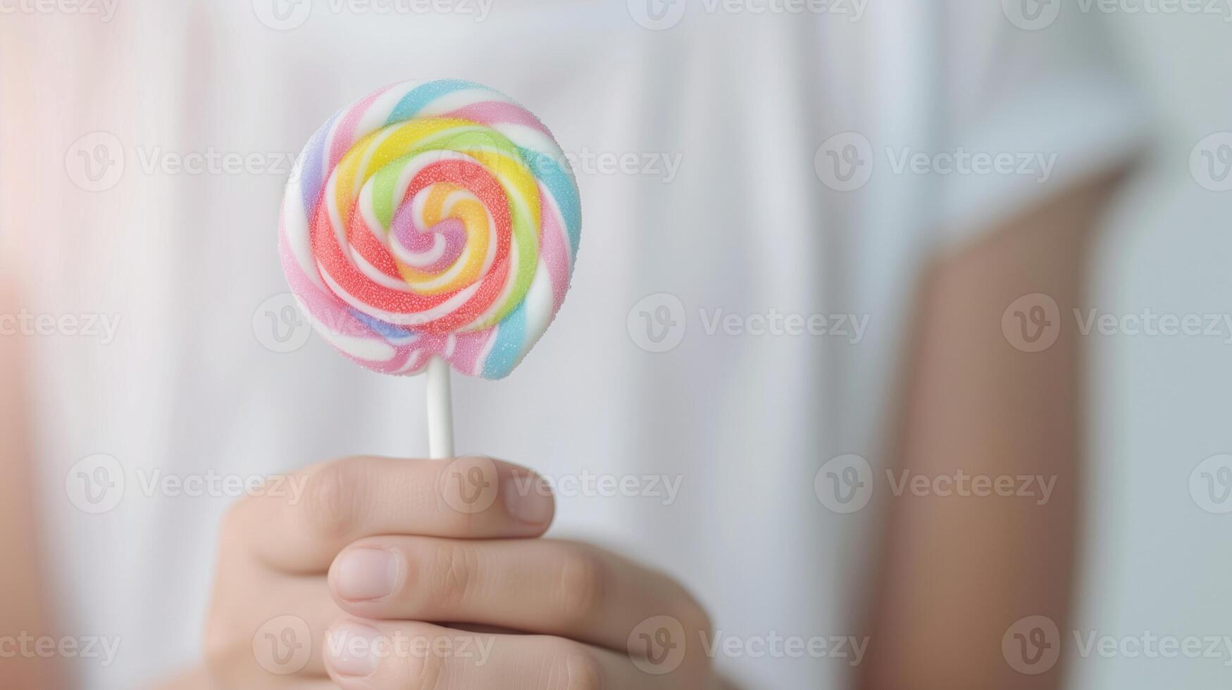 Child Holding Colorful Rainbow Lollipop, Close-Up View, Focus on Swirl Candy, White Background, Summer Fun, Sweet Treat photo