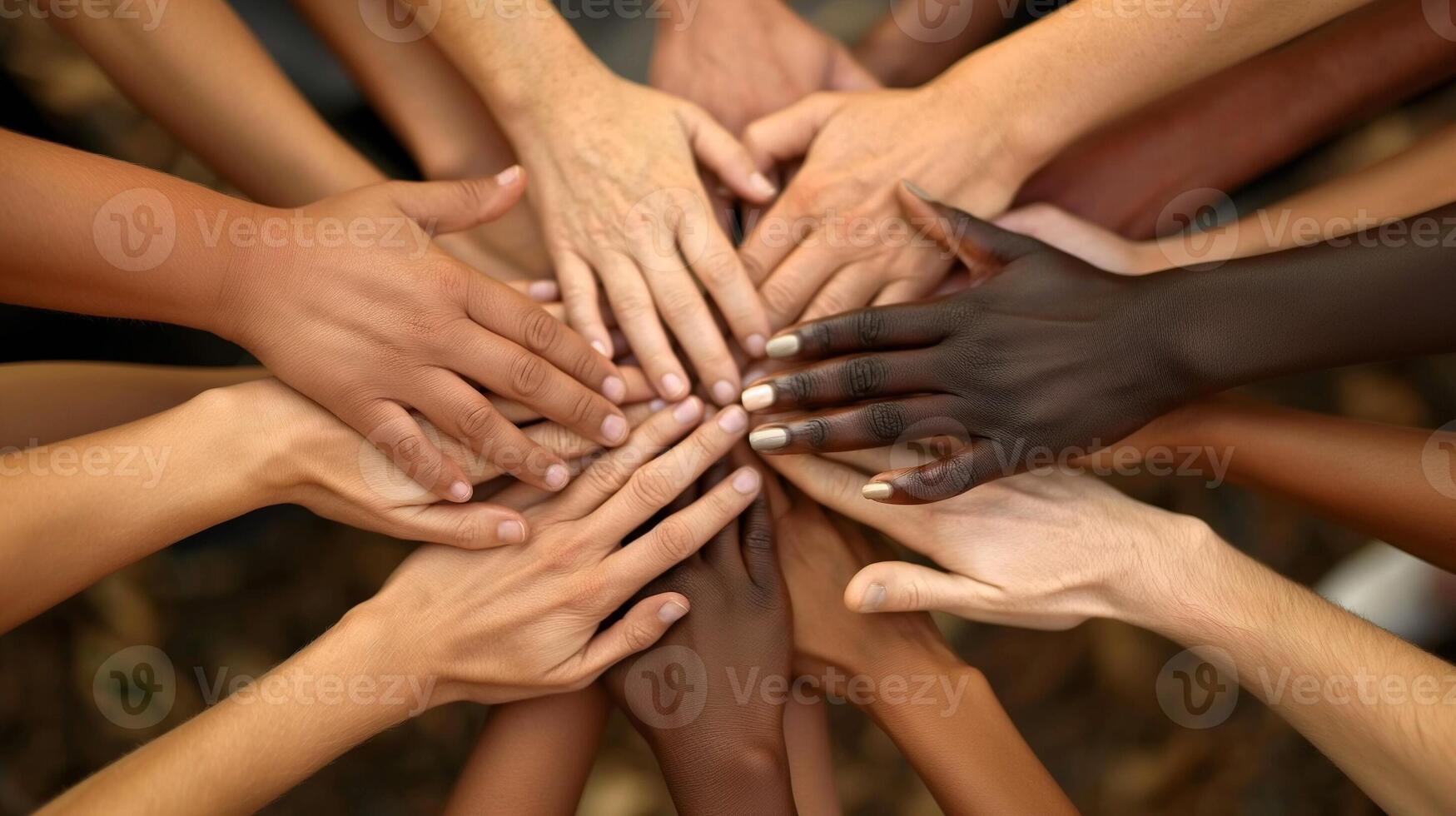 Diverse Group of Hands Touching, Symbolizing Unity, Collaboration, and Diversity - Represents Teamwork, Friendship, and Togetherness in a Multicultural and Inclusive Community Setting photo