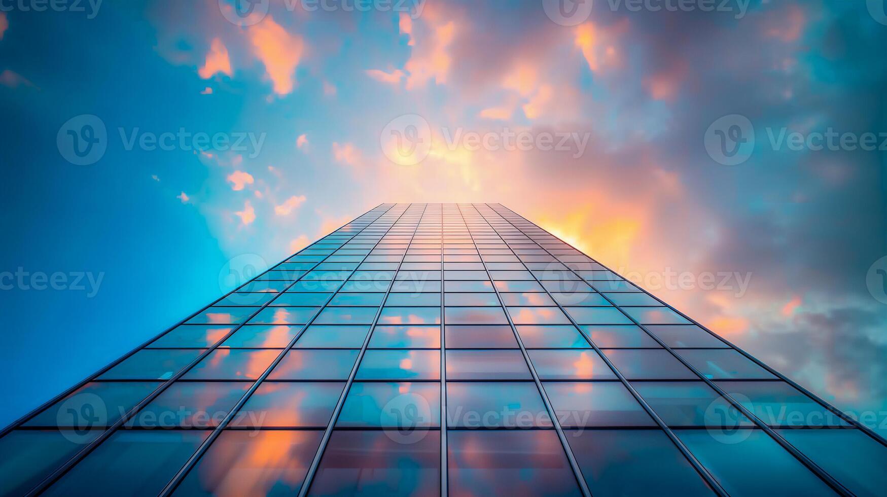 Wide Angle View of a Modern Skyscraper with Reflective Glass Dramatic Sunset Sky Featuring Orange Pink Clouds Adding Stunning Visual Contrast Against Blue Background Urban Architecture Scene Cityscape photo