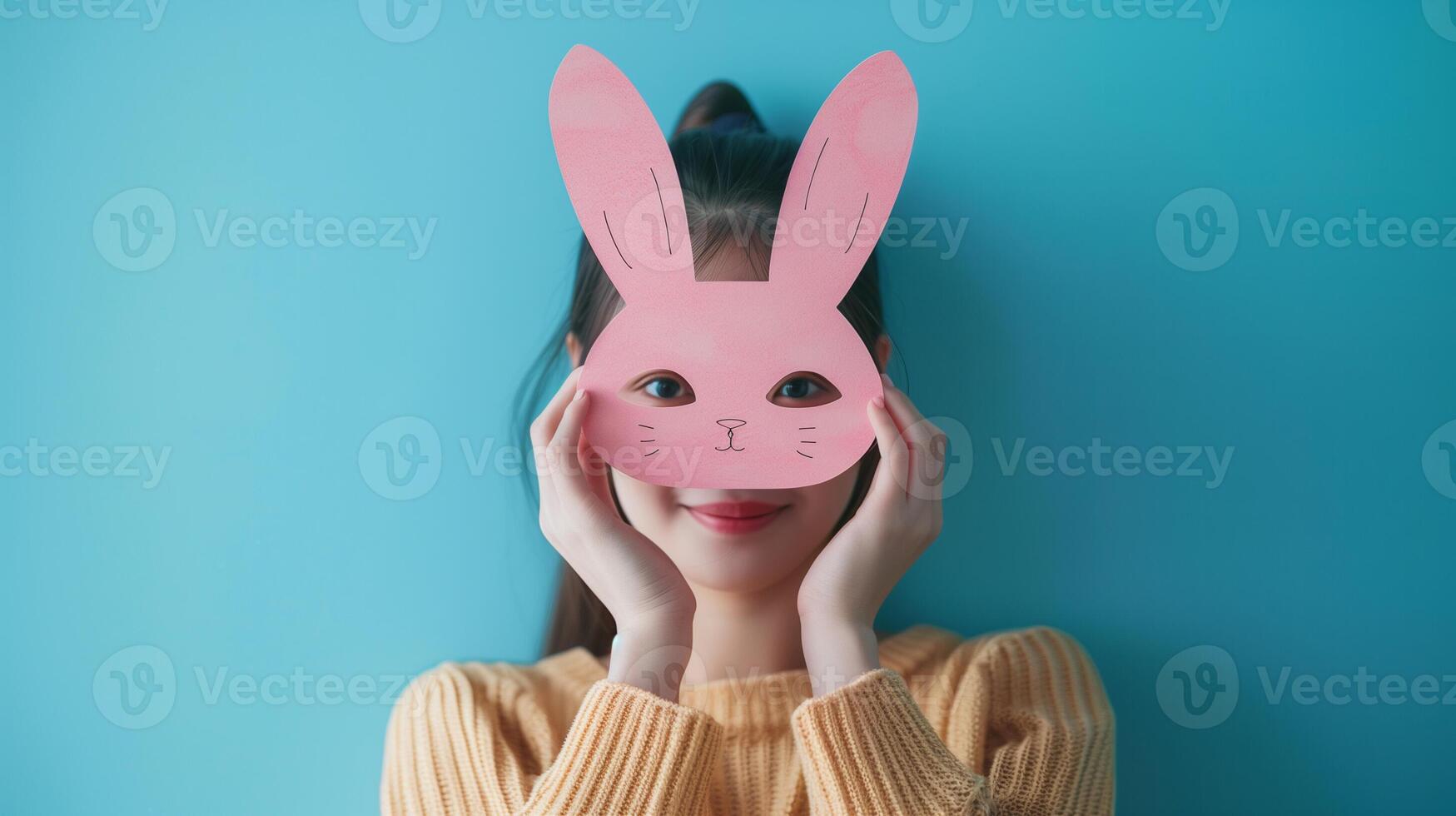 Woman Holding Pink Bunny Mask Against Blue Background Celebrating Easter Wearing Yellow Sweater Close View Happy Festive Springtime Celebration Creative DIY Paper Craft Playful Expressions Description photo