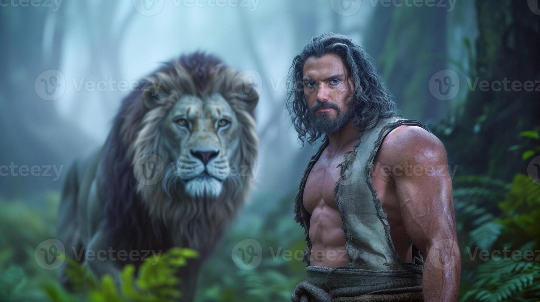 Man and Lion in Jungle Mystical Forest, Fantasy Adventure Scene, Heroic Character, and Regal Animal in Lush Jungle Setting photo