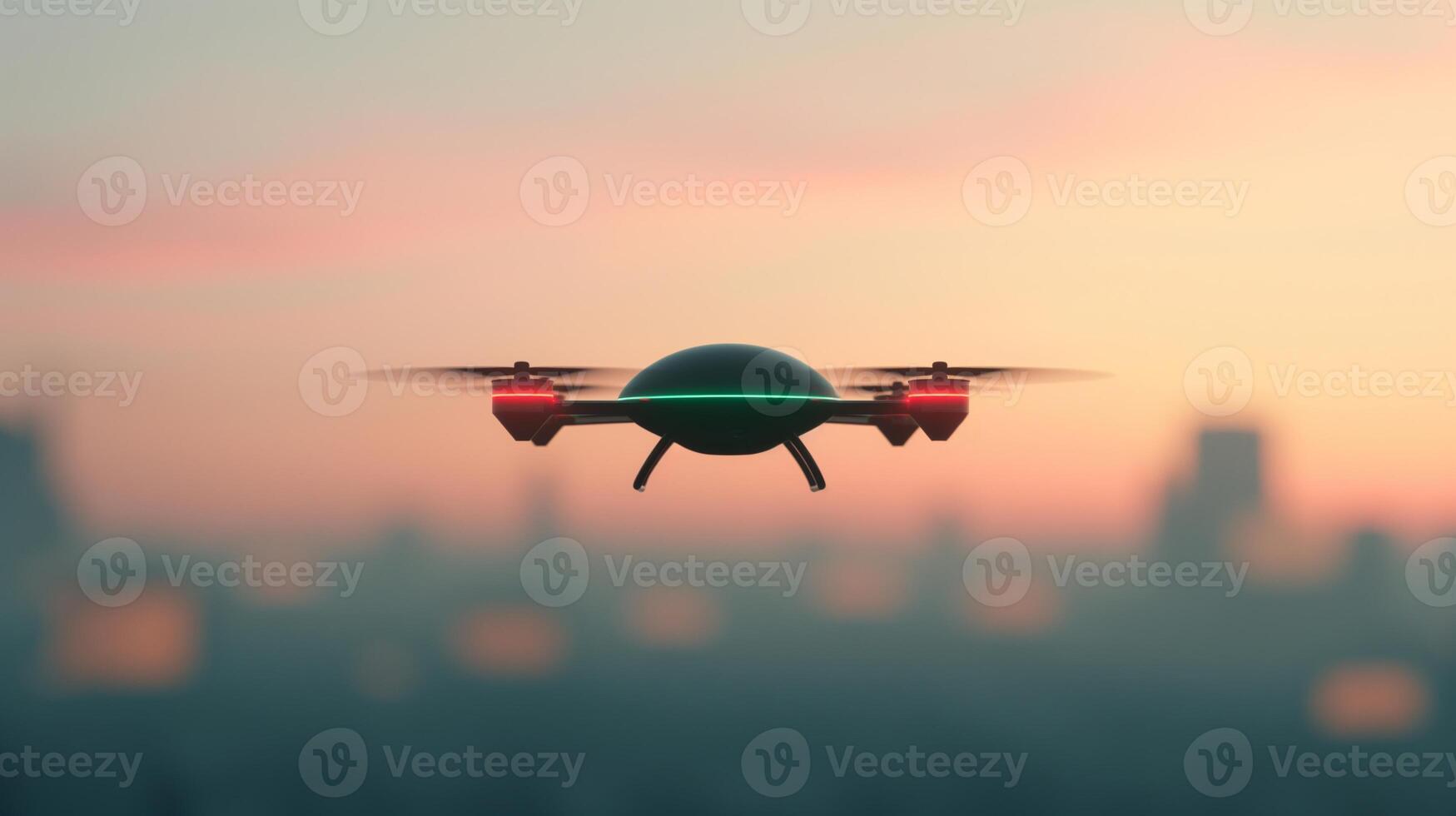 Futuristic Drone in Flight Against Soft Sunset Skyline, Capturing Modern Cityscape, Advanced Technology Concept, Smooth Gradient Background, Aerial Innovation Scene photo