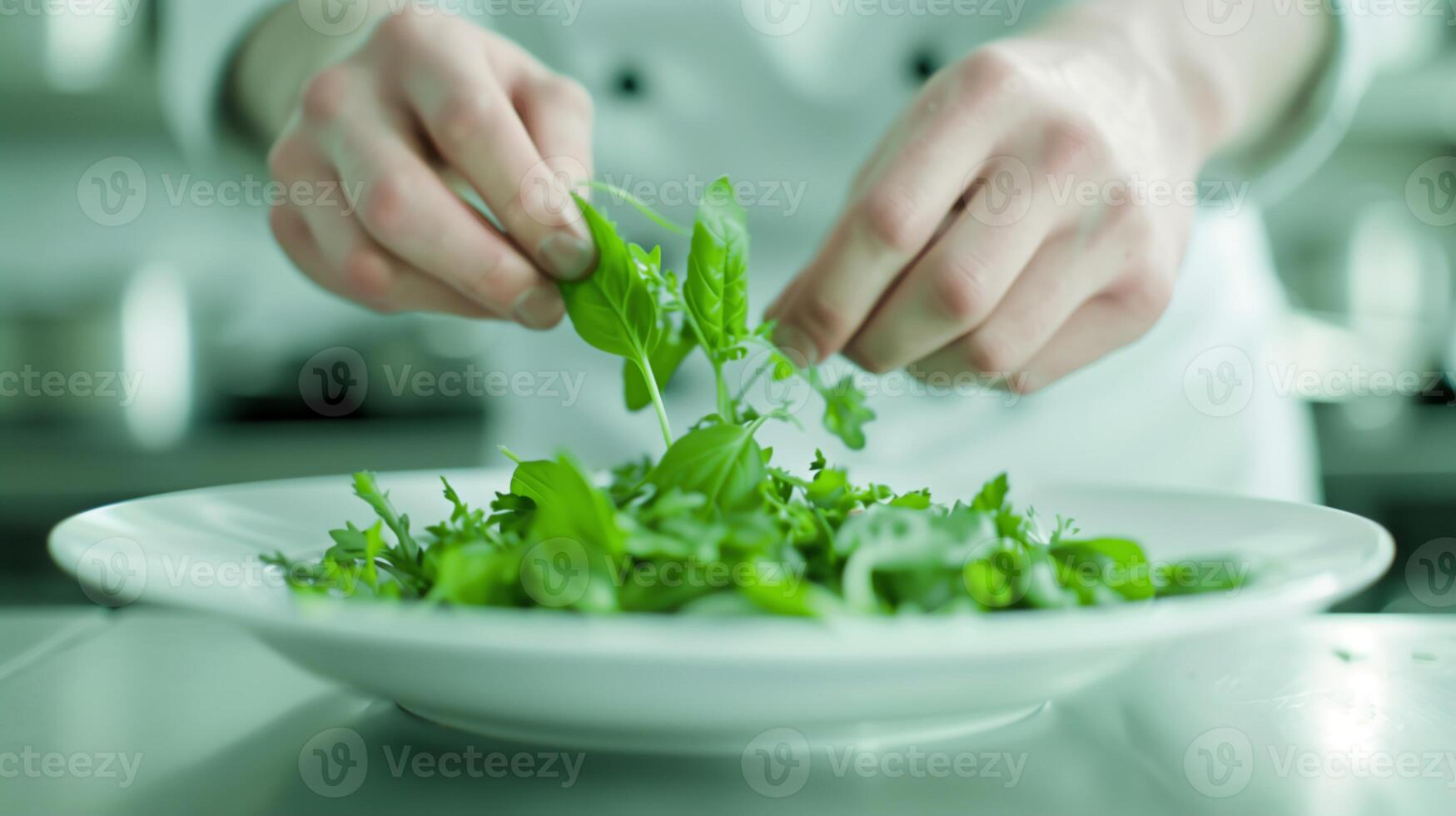 Chef's Hands Preparing Fresh Green Salad in Modern Kitchen photo