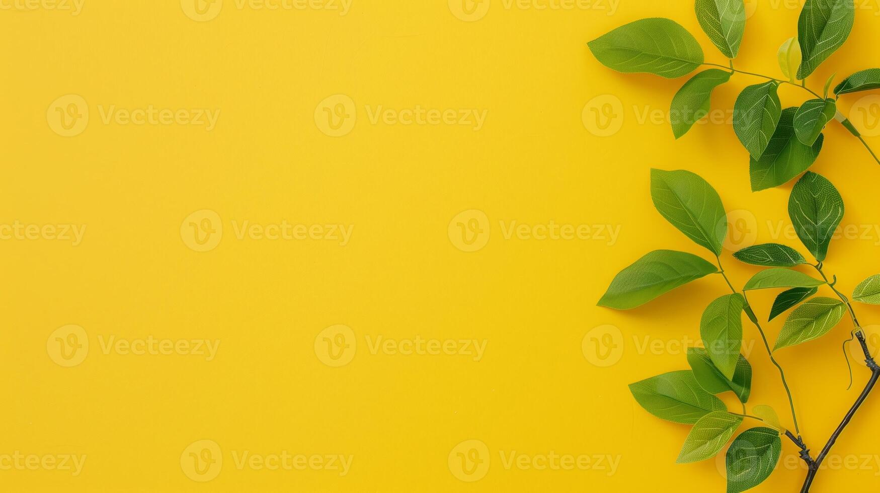 Fresh Green Leaves on Vibrant Yellow Background, Minimalist Natural Composition, Modern Botanical Design for Spring and Summer Themes, Perfect for Nature-Inspired Branding and Decoration photo