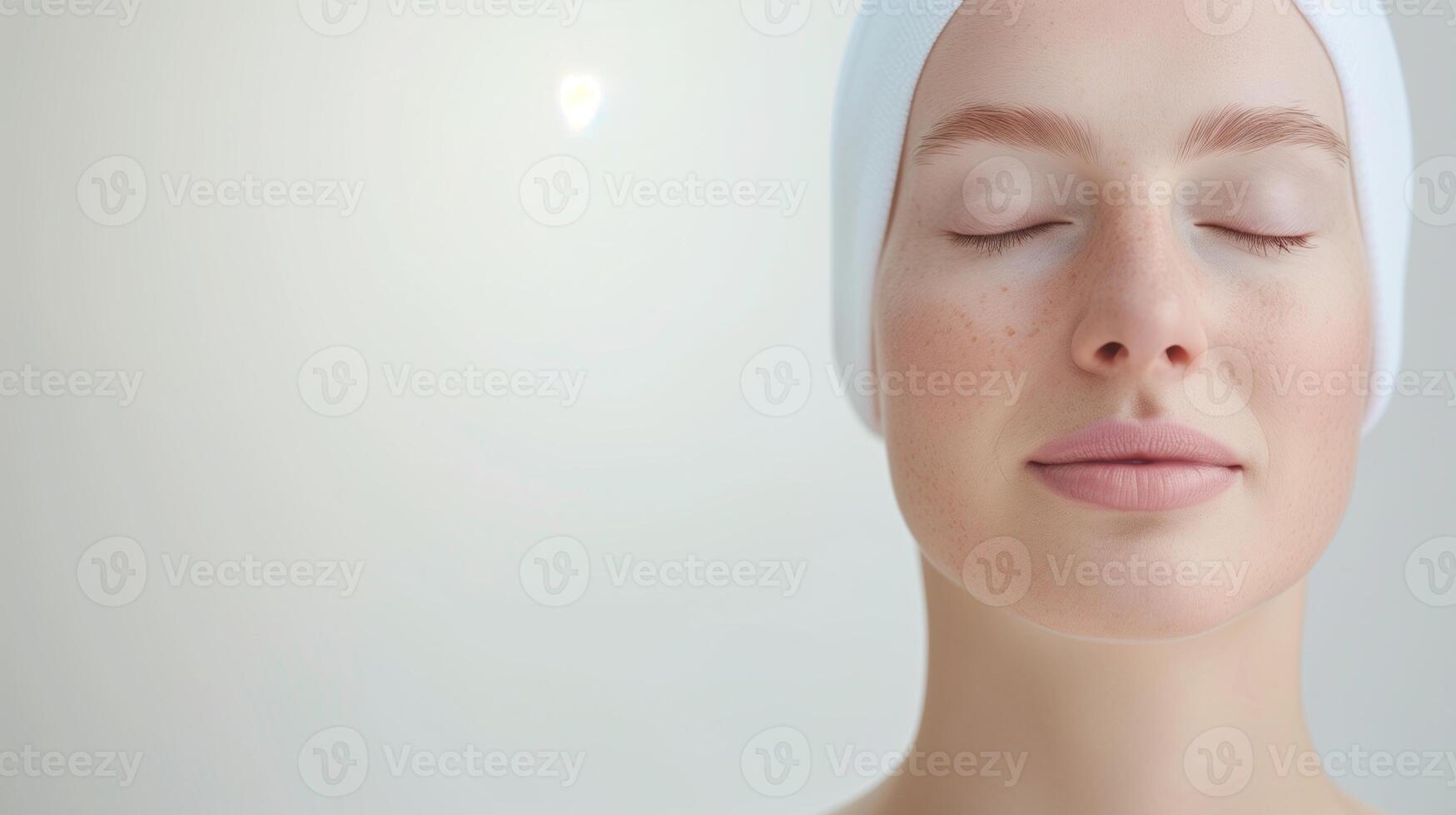 Close-Up Portrait of a Serene Woman after Spa with Closed Eyes and Relaxed Expression Wearing a White Headband on a Light Grey Background - Ideal for Mindfulness, Wellness, and Beauty Concepts photo