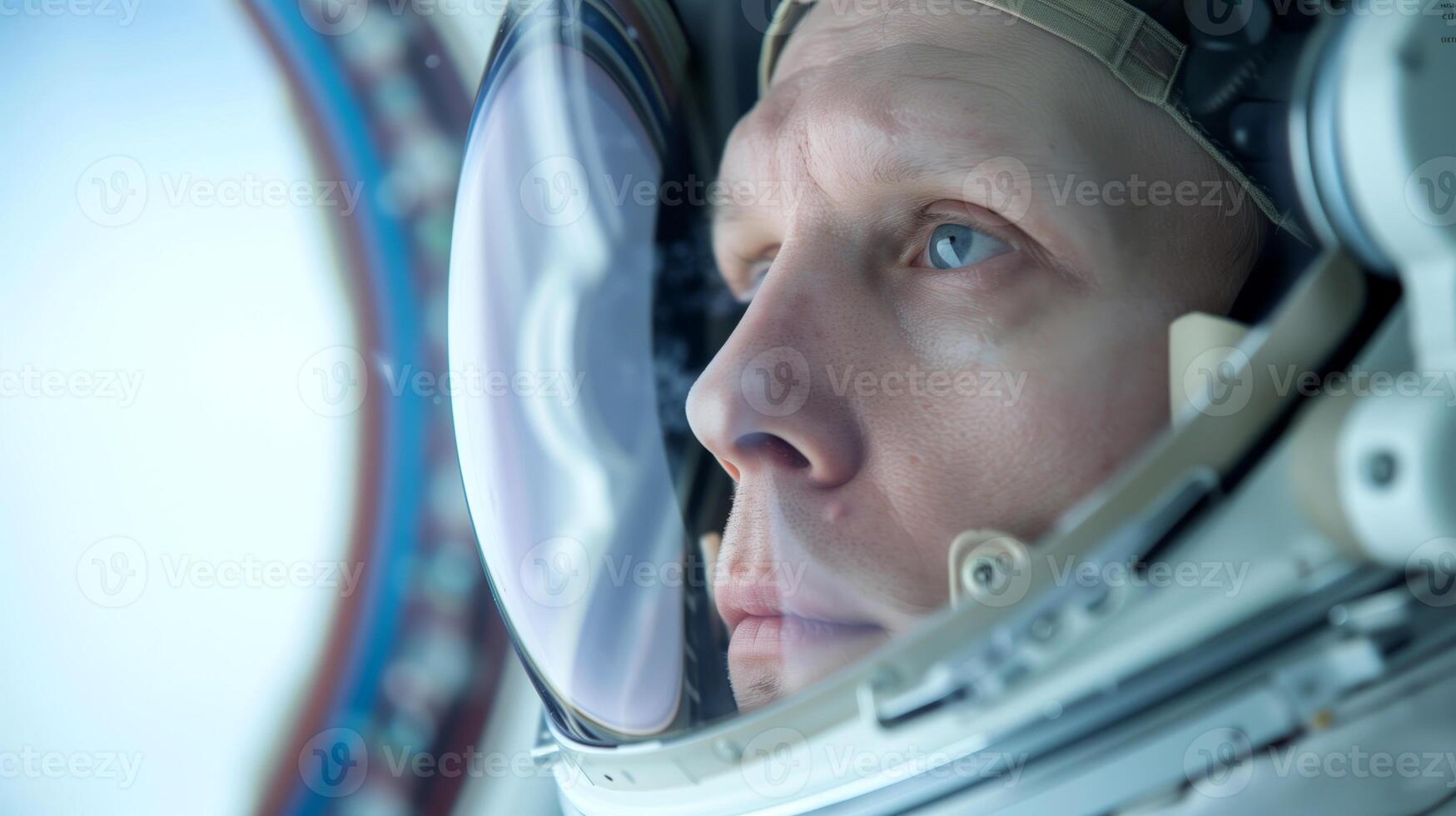 Astronaut in Space Suit Helmet Reflecting Earth, Focused in Space Capsule Window, Detailed Realistic Space Exploration, Inner Reflection, Future Technology, Outer Space Mission Concept photo