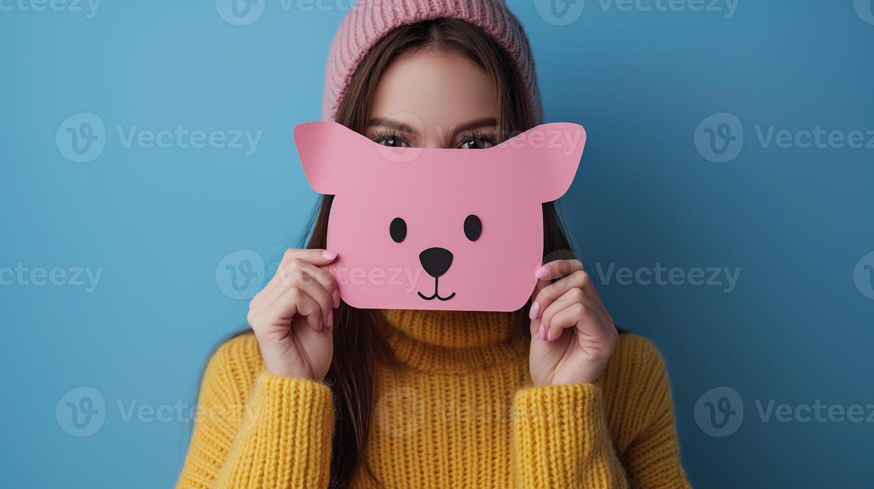 Woman Holding Cute Pink Dog Head Shaped Card Against Blue Background, Wearing Yellow Sweater and Pink Beanie, Playful and Creative, Captivating and Fun Stock Image for Various Design Purposes photo