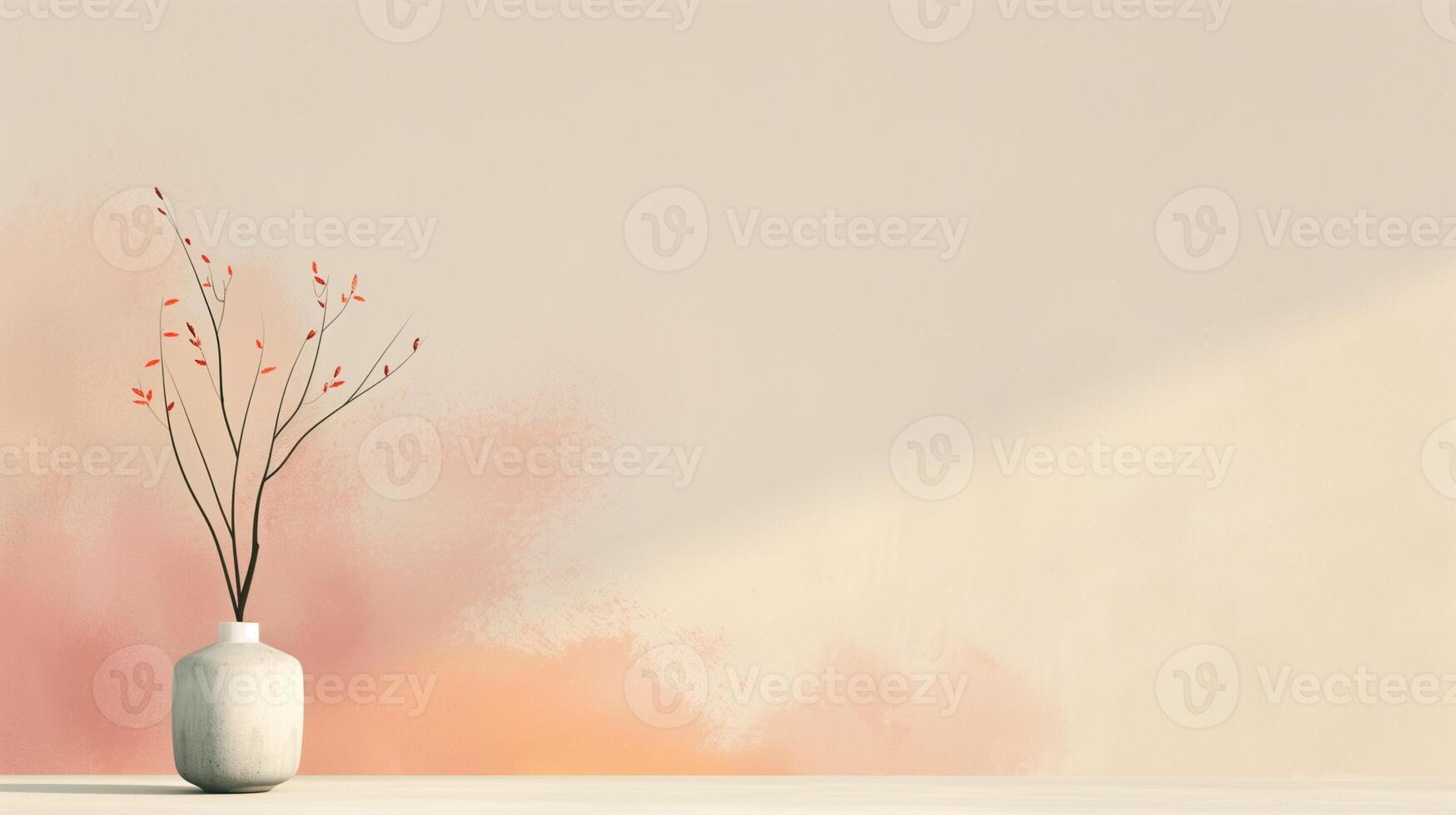 Minimalist Beige Wall with Abstract Design and White Vase Featuring Delicate Branches, Modern Home Decor for Living Room or Office, Serene and Calming Interior, Elegant and Simple Space photo