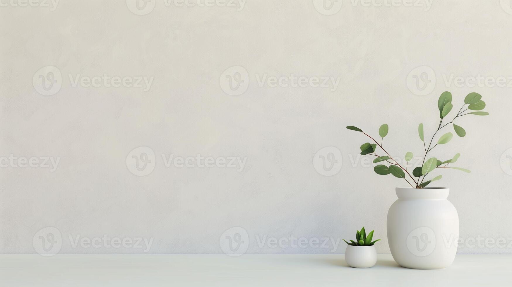 Minimalist Home Decor with Empty Wall and Simple White Ceramic Vases Featuring Greenery, Perfect for Modern Interior Design, Minimalist Lifestyle, and Clean Aesthetic Theme in Living Spaces photo