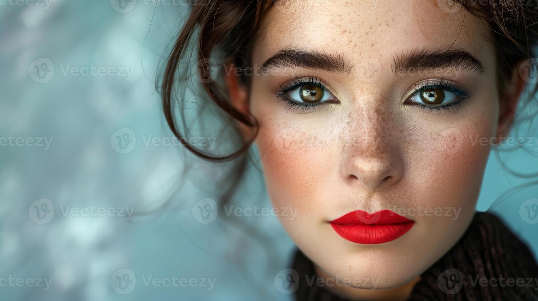 Portrait of a Fashion Model with Bold Makeup and Intense Gaze, Featuring Red Lips, Freckles, and Highlighted Eyes, On Soft Blue Background, Perfect for Beauty, Fashion, Editorial, and Makeup Themes photo