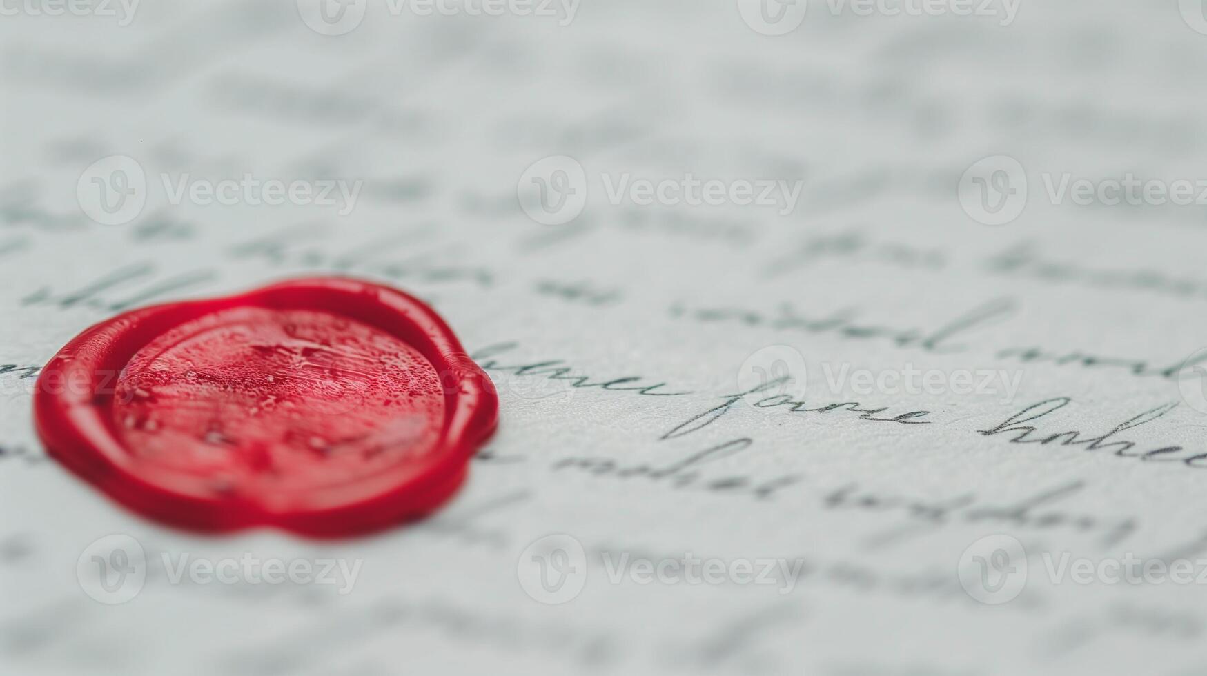 Close-Up of Red Wax Seal on Handwritten Document with Cursive Letters, Symbolizing Authenticity, Tradition, and Legal Formality photo