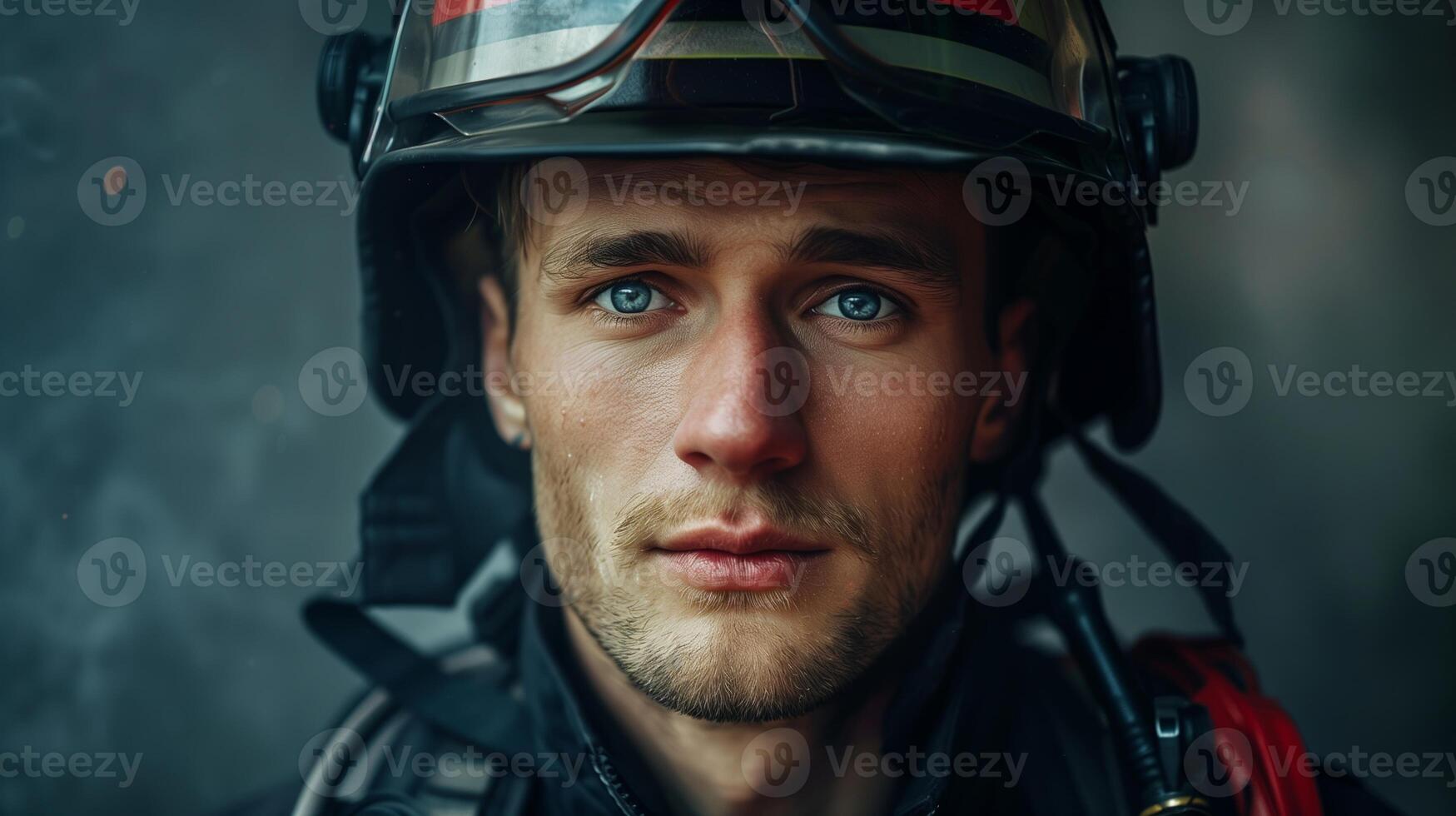 Brave Firefighter in Full Gear with Determined Expression Ready for Action Close-Up Portrait Heroic Rescuer Safety Emergency Service Worker Courageous Man in Uniform Fire Helmet Firefighting Equipment photo