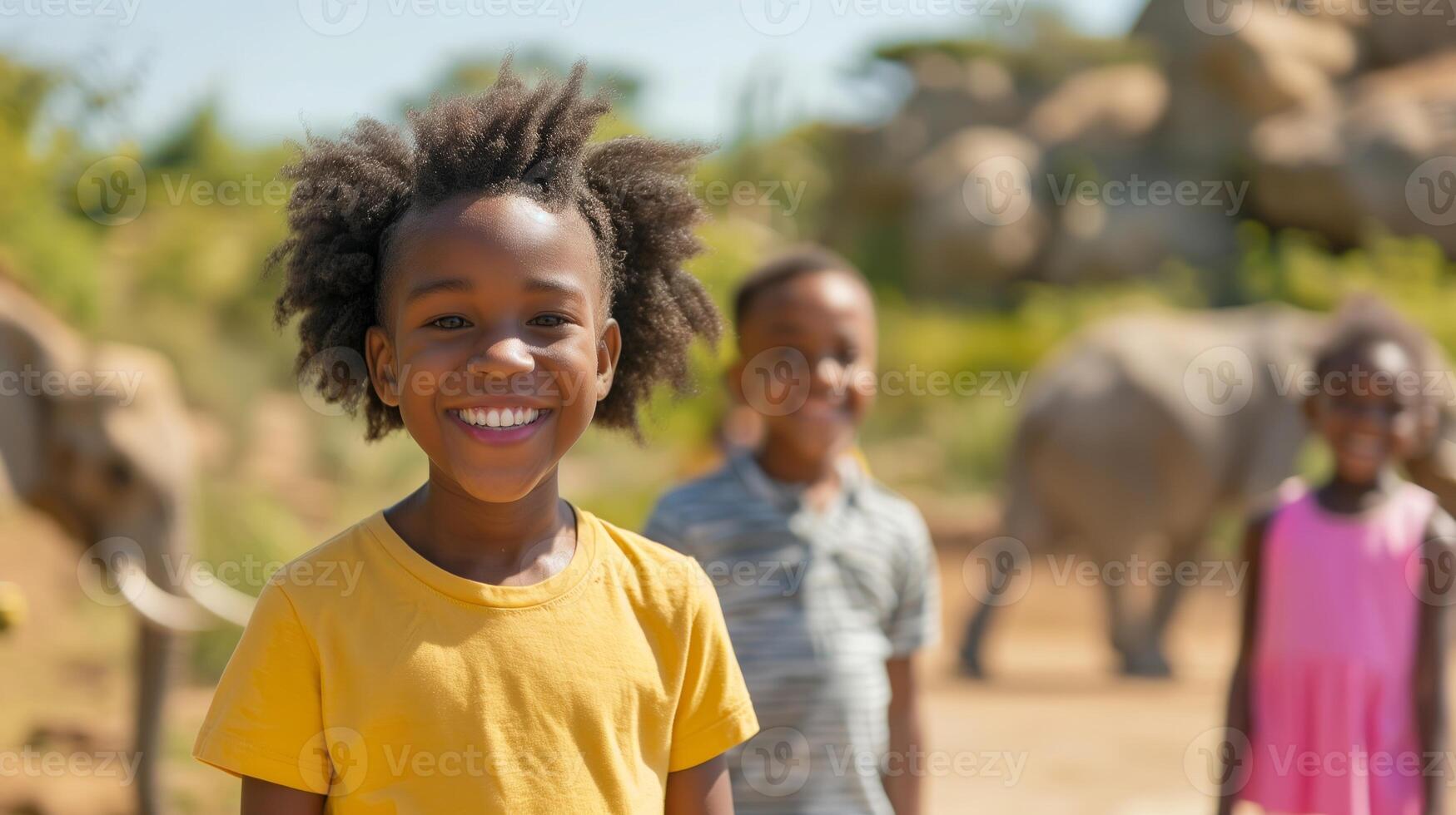 Smiling African American Children Enjoying a Day at the Zoo with African Elephants in Background, Sunny Day, Outdoor Family Fun Happy Expressions, Blurred Background Natural Habitat Wildlife Adventure photo