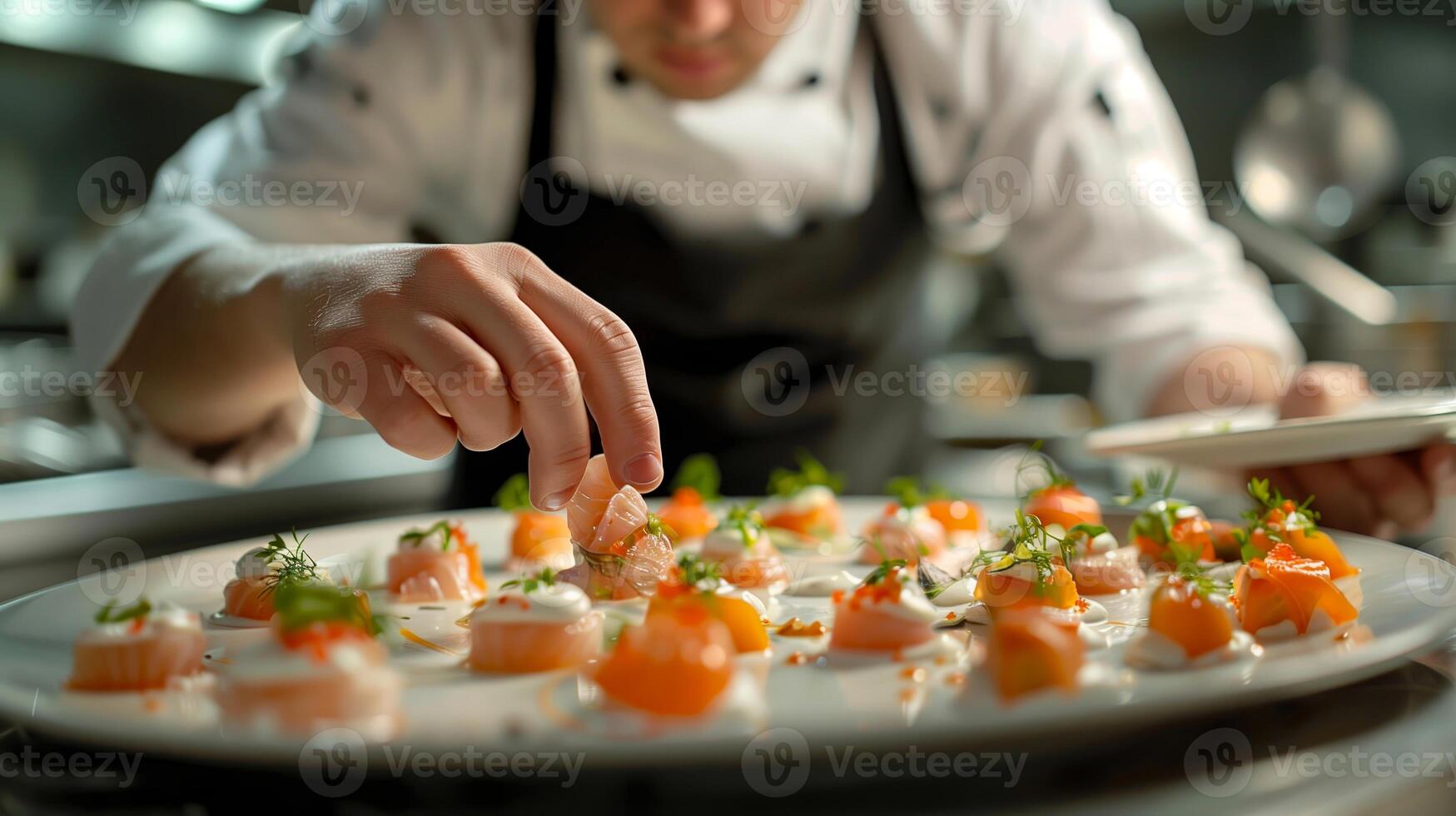 Chef Adding Final Touches to Gourmet Salmon Appetizers in Restaurant Kitchen photo
