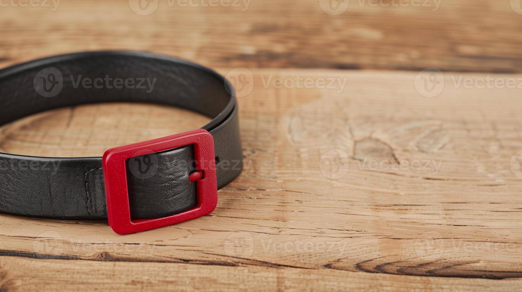 Close-Up of Black Leather Belt with Red Buckle on Rustic Wooden Table Surface, Fashion Accessory, Casual Style photo