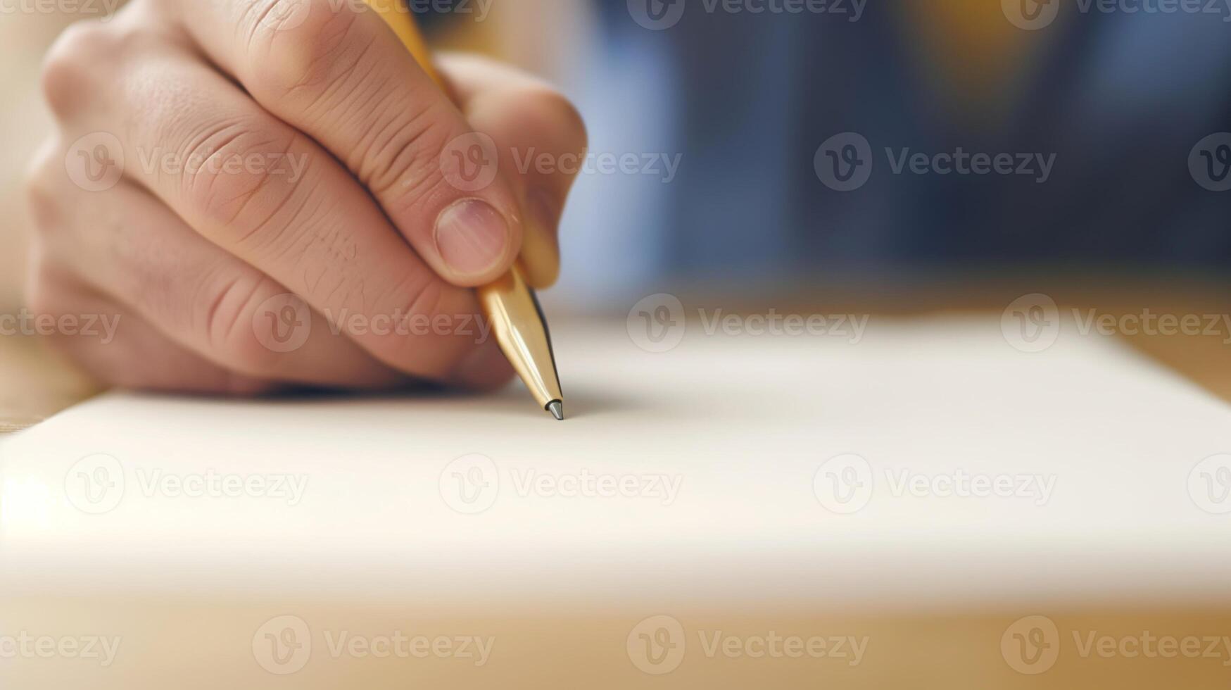 Detailed Close-Up of a Person's Hand Holding a Yellow Pen While Writing on White Paper Capturing Focus and Precision in a Calm Setting Emphasizing Clean Lines and Natural Light, Office or Study Themes photo