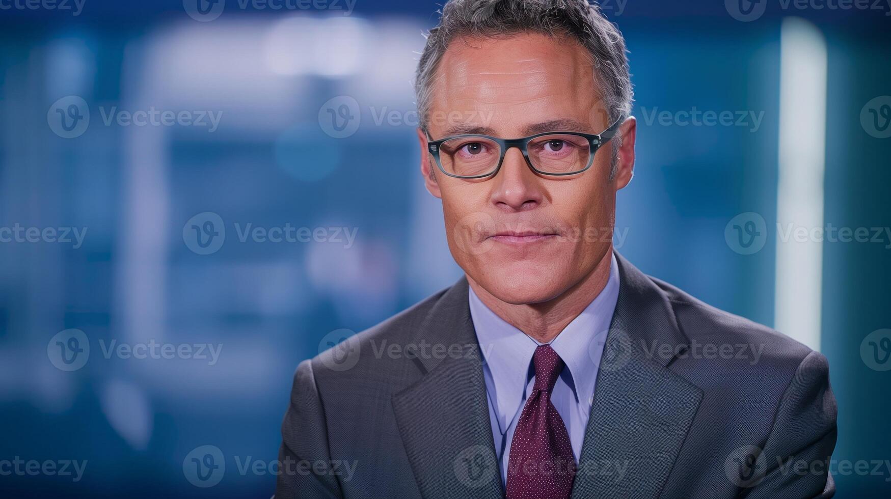 News Anchor Delivering Broadcast in Studio with Professional Attire and Glasses, Focused Expression, Depth of Field Effect, Modern Media Environment, Corporate Look, Breaking News, Media Presentation photo