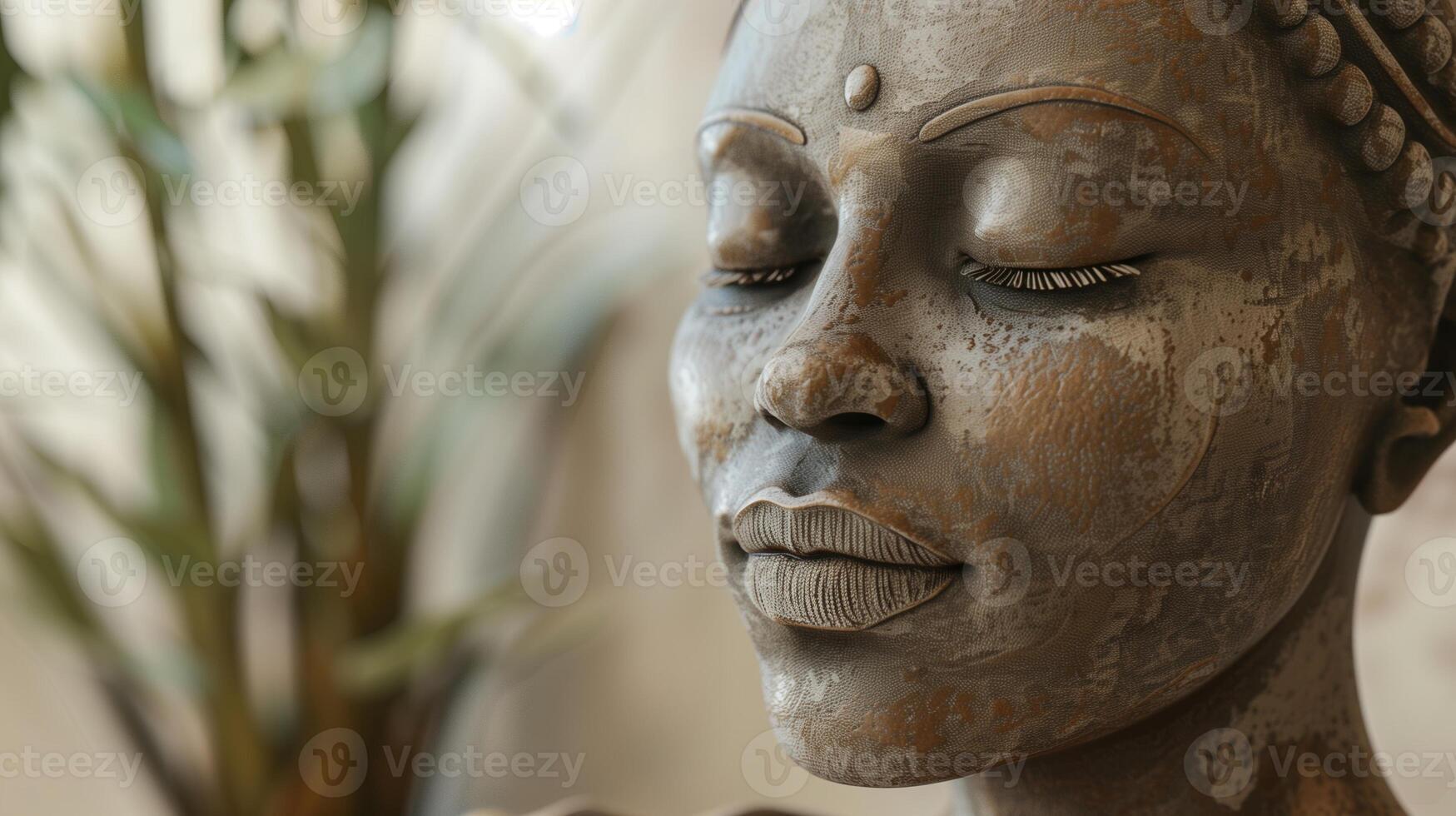 Meditating Sculpture with Closed Eyes, Peaceful Expression, Natural Background, and Earth Tones for Tranquil and Zen Design Concepts in Wellness and Art Themes, 3D Render photo