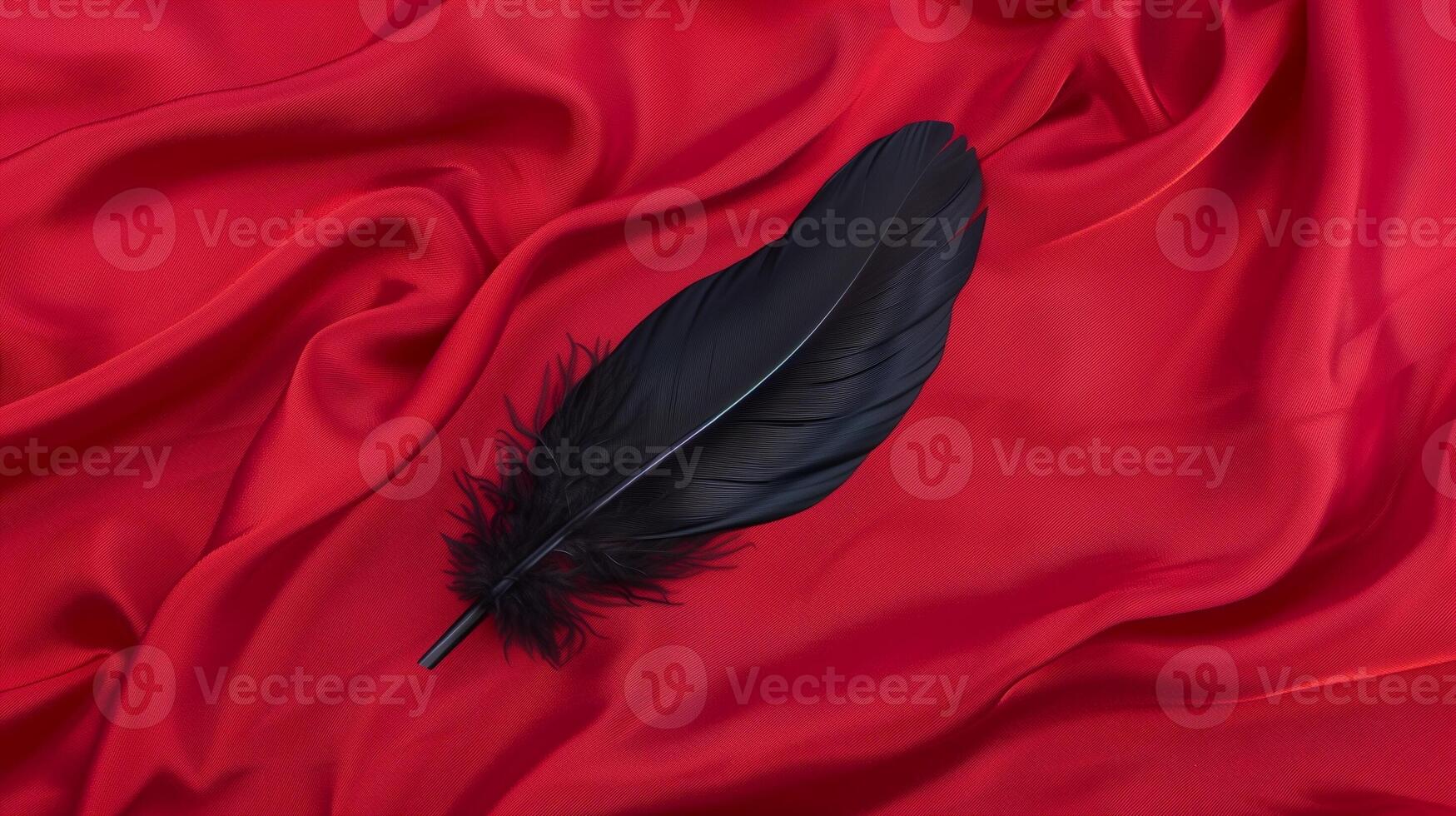 Black Feather On Red Silk Fabric, Elegant Still Life Composition, Smooth Texture, Luxurious Design Element, High-Contrast Colors, Holiday Decor Potential, Artistic Display, Close-Up View photo