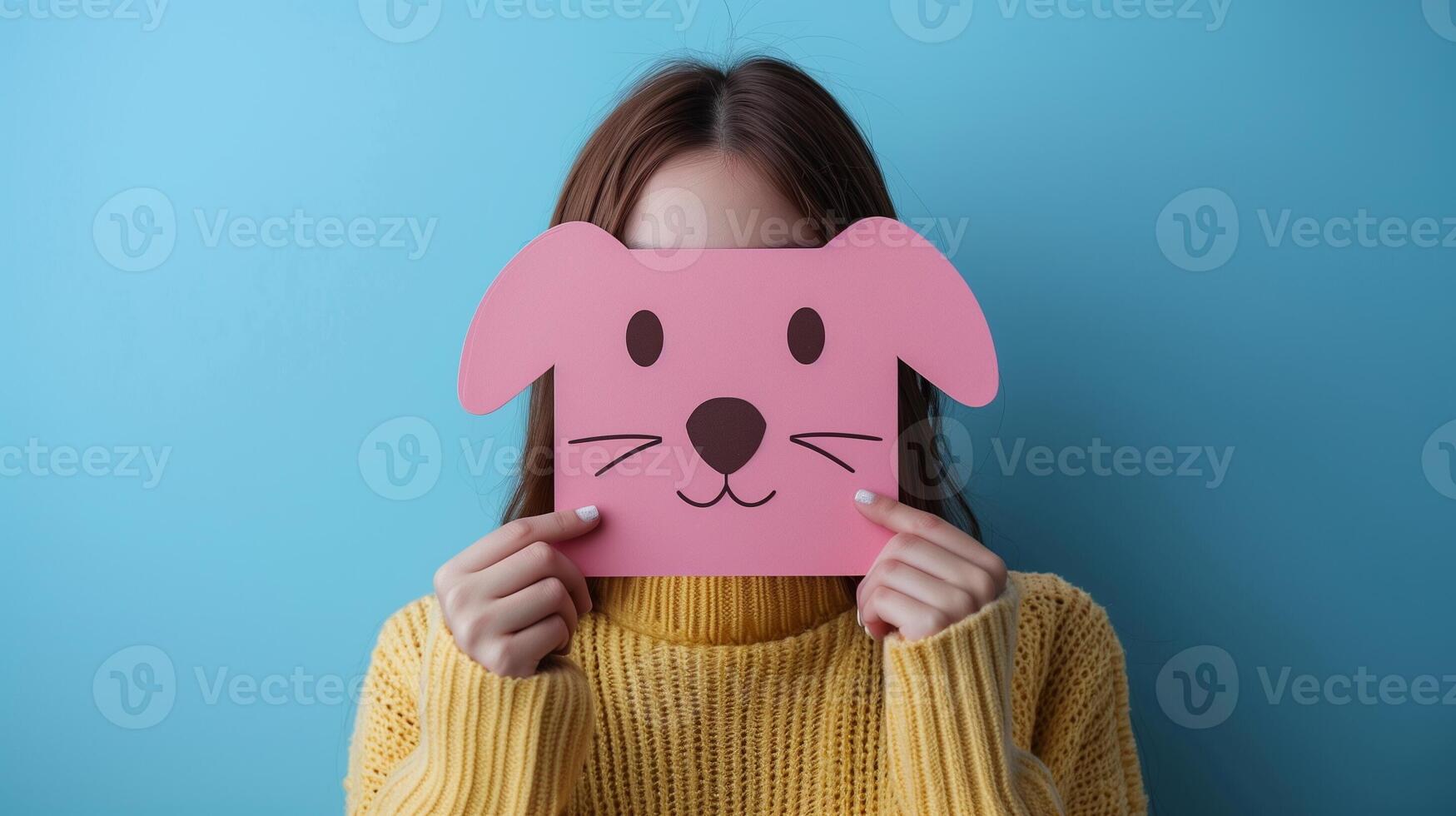 Woman Holding Cute Pink Dog Head Shaped Card In Front Of Face, Fun Playful Concept, Blue Background, Whimsical Art, Casual Yellow Sweater, Young Woman, Creative Expression, Youth Culture, DIY Craft photo