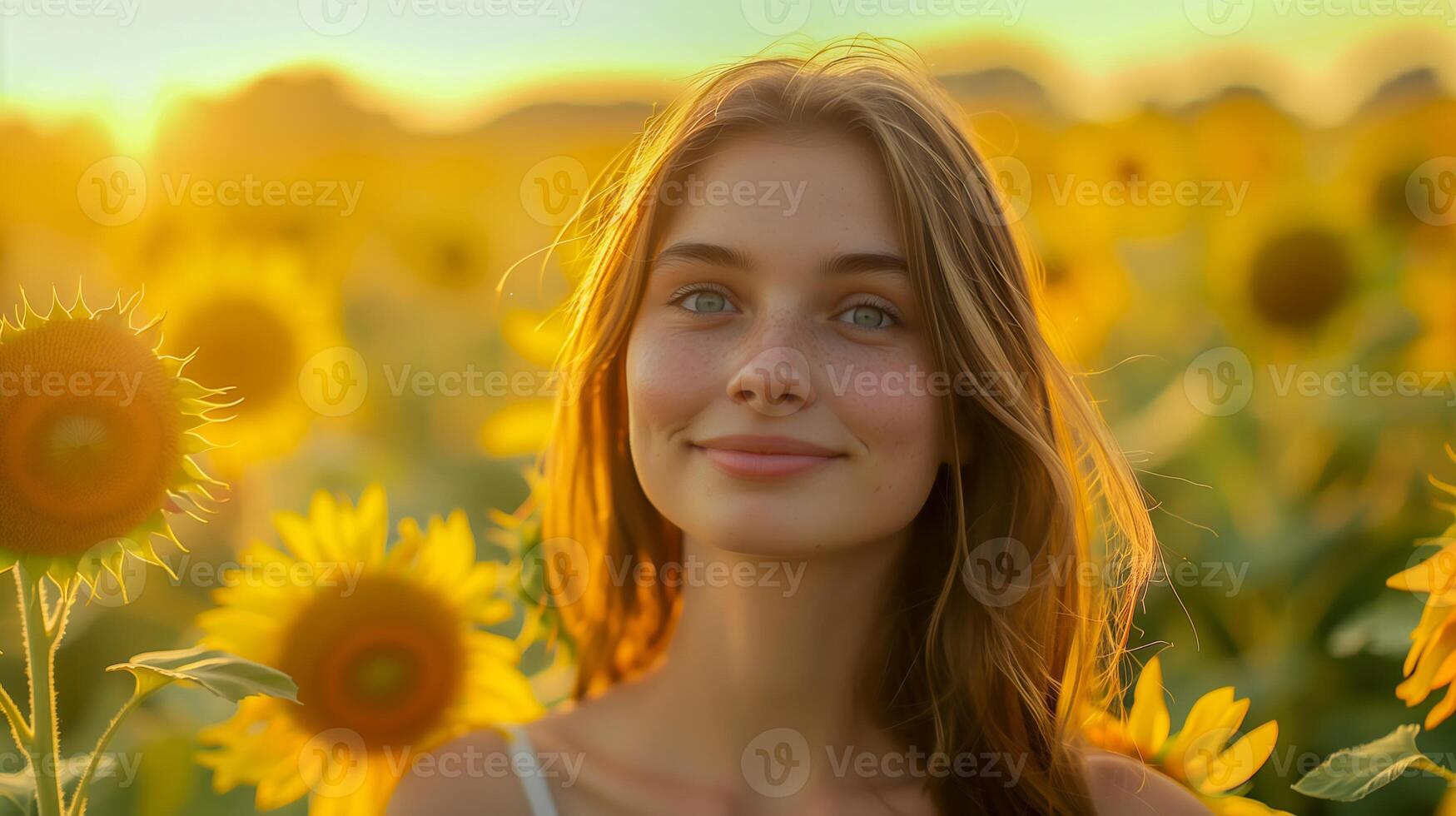 Young Woman Smiling in Sunflower Field at Golden Hour with Sunrays, Nature, Summer Season, Warm Tones, Outdoor Portrait, Natural Light, Countryside, Happiness, Radiant, Cheerful Expression, Landscape photo