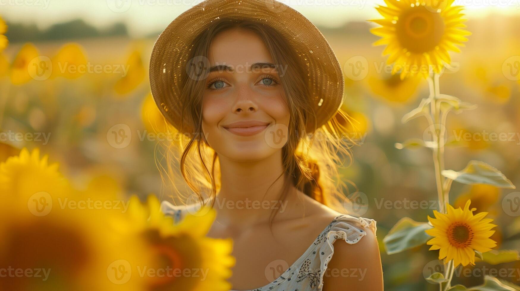 Joyful Woman in Summer Sunflower Field Wearing Hat and Floral Dress at Golden Hour, Nature Happiness Concept, Sunlit Background, Serene Outdoors, Warm Sunshine, Radiant Lifestyle, Sunlit Meadow photo