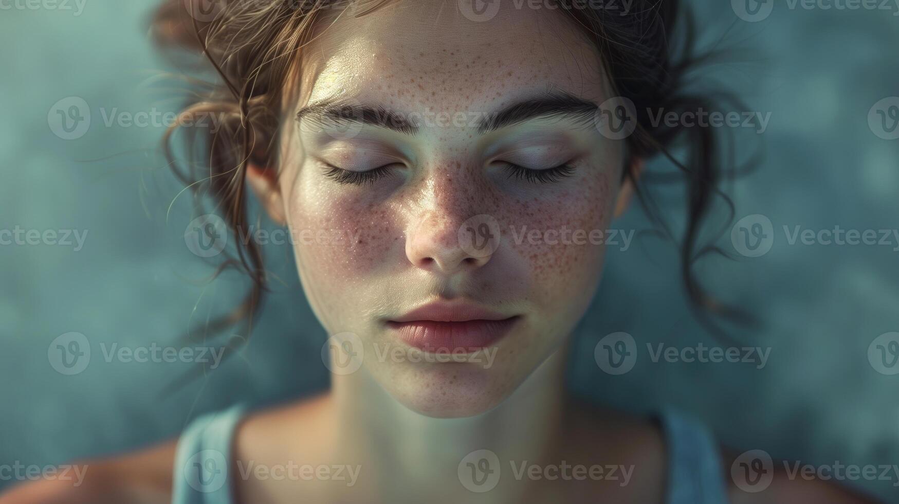 Peaceful Freckled Woman Meditating with Closed Eyes and Relaxed Expression in Soft Lighting, Photorealistic Detail, Calm and Serene Atmosphere, Suitable for Relaxation and Mindfulness Themes photo