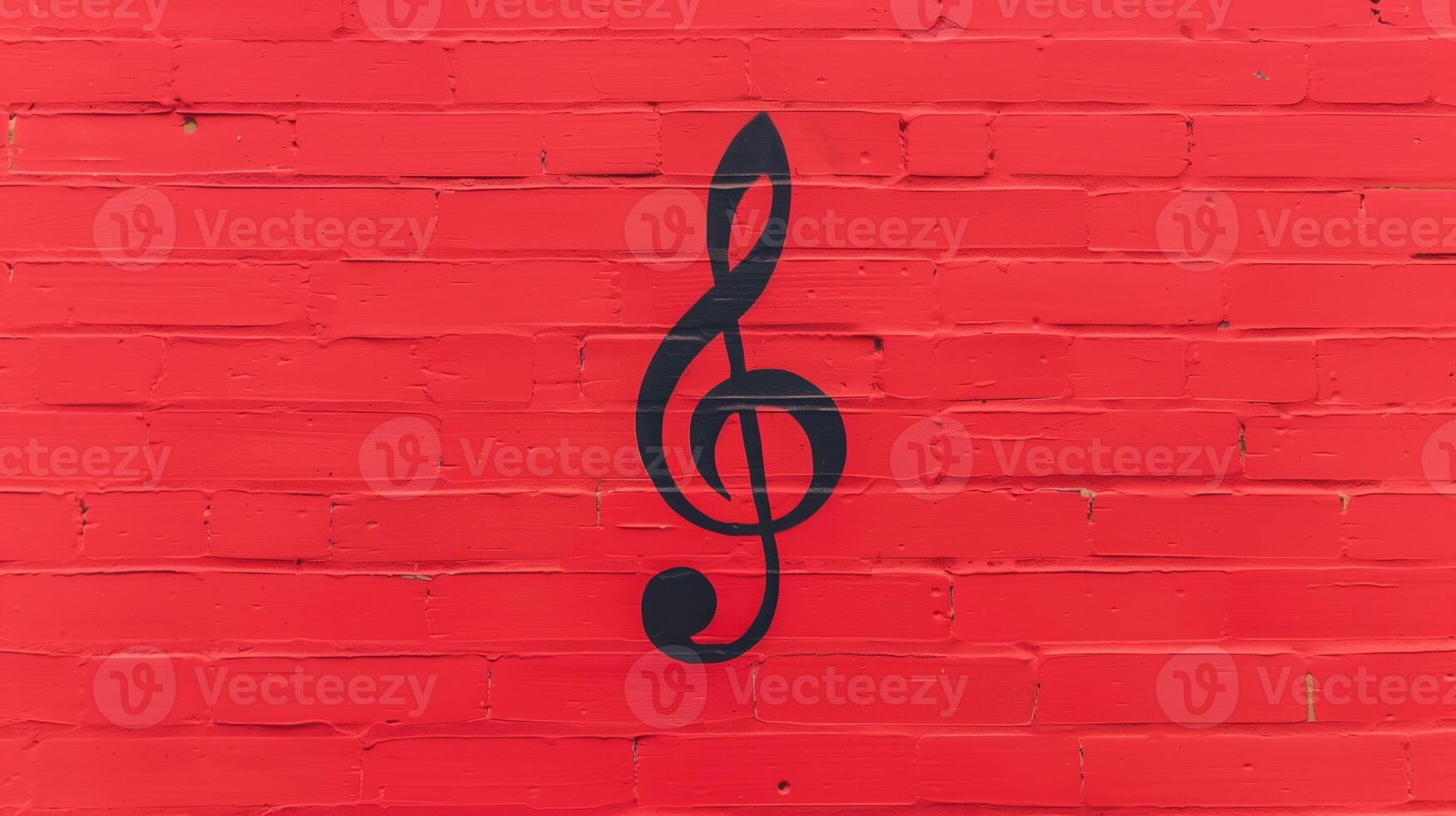 Red Brick Wall with Black Treble Clef Musical Note Illustration, Bold Artistic Design, Music-Inspired Decor Background photo