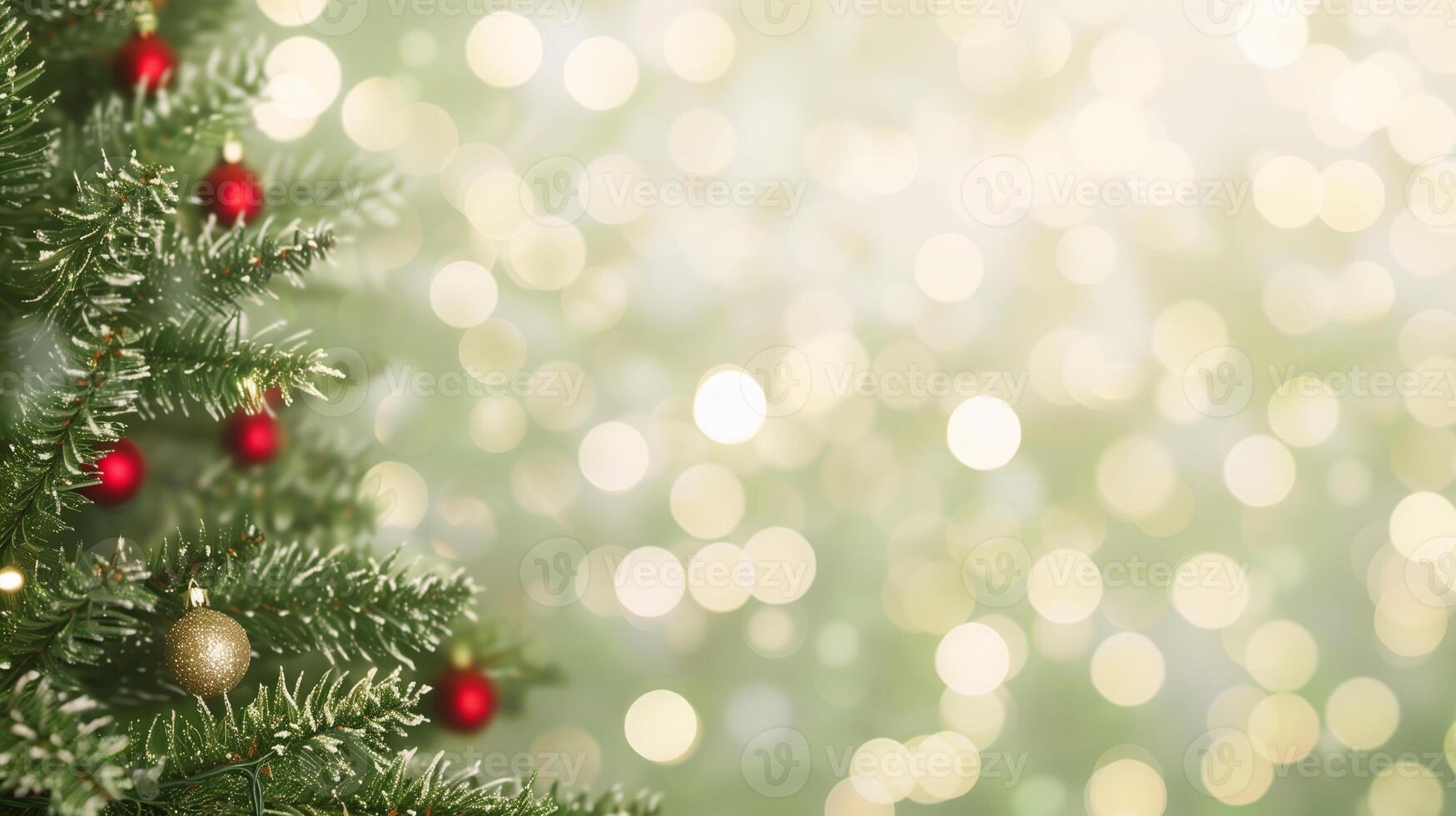 Christmas Tree Branches with Red and Gold Ornaments and Bokeh Lights in Soft Green Background photo