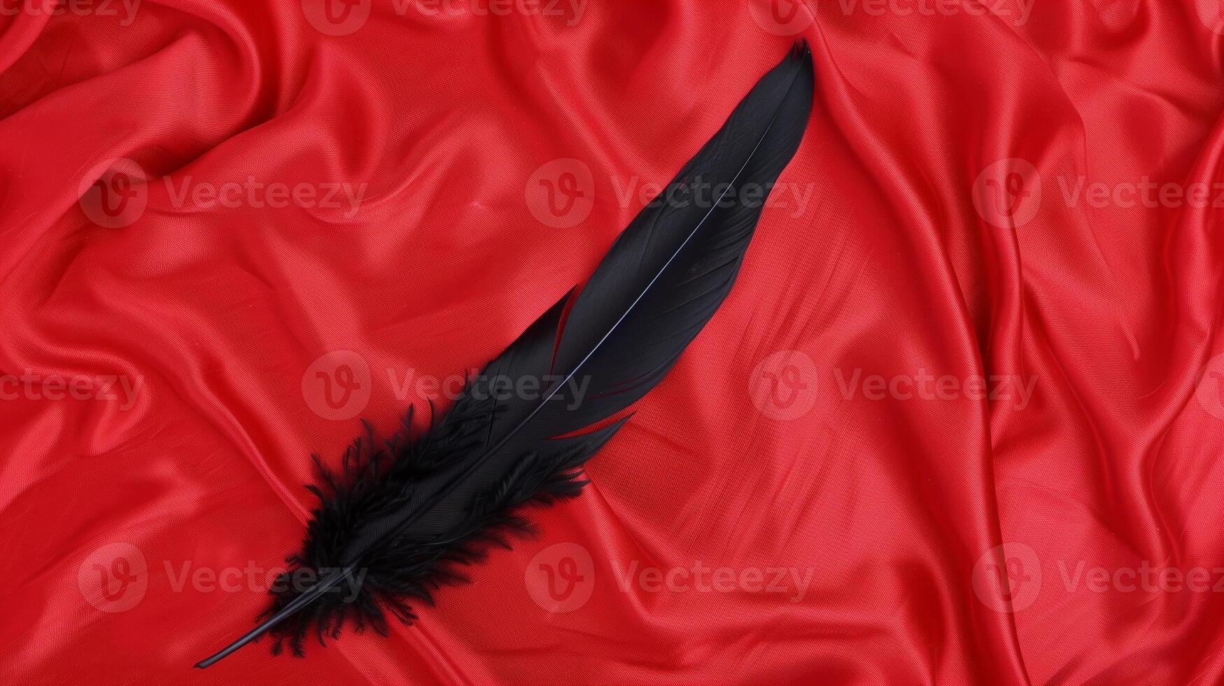 Black Feather on Red Satin Fabric Background, Luxury Texture, Elegant Design Element, Contrast Colors, Artistic Backdrop photo