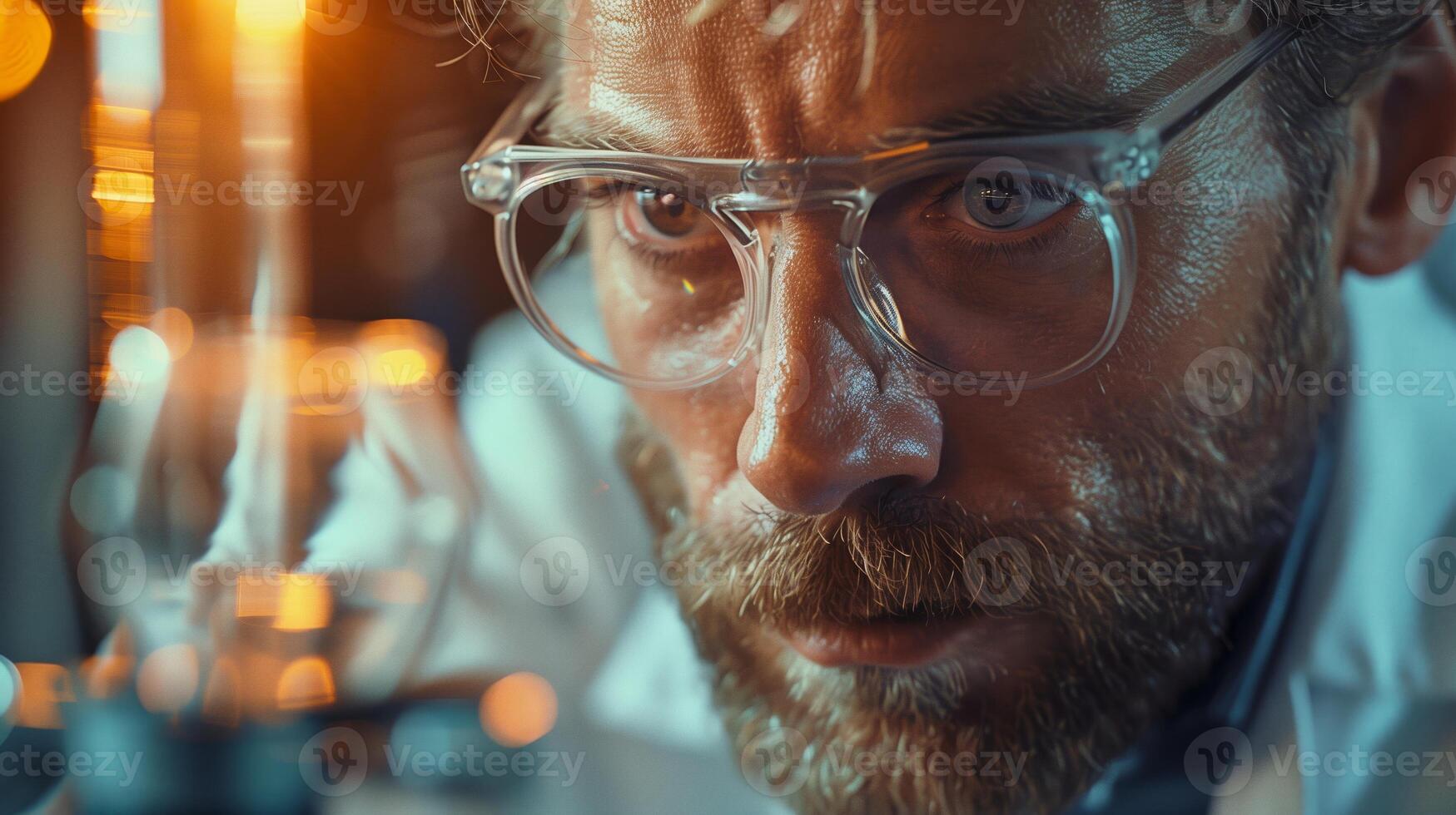 Focused Scientist in Laboratory with Safety Glasses Conducting Precise Scientific Experiment Under Warm Lighting Conditions in Modern Research Lab photo