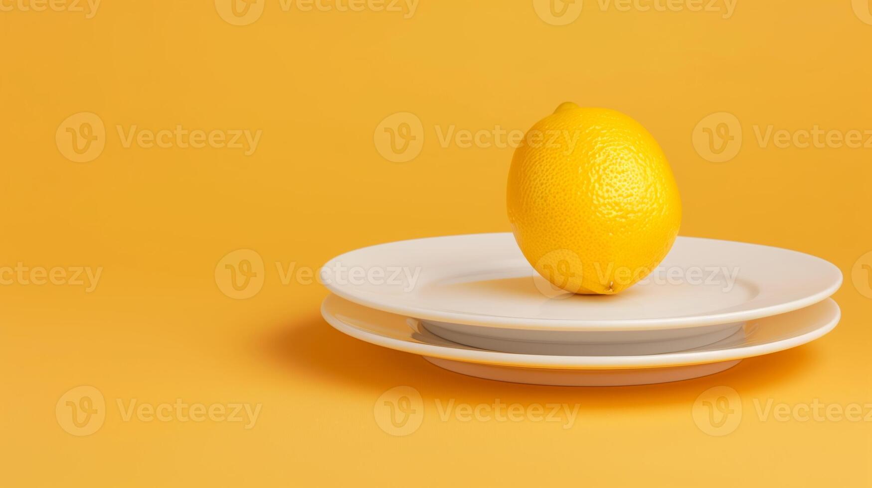 Minimalistic Composition of a Lemon on White Plates Against a Vibrant Yellow Background for Modern Food Photography and Design photo