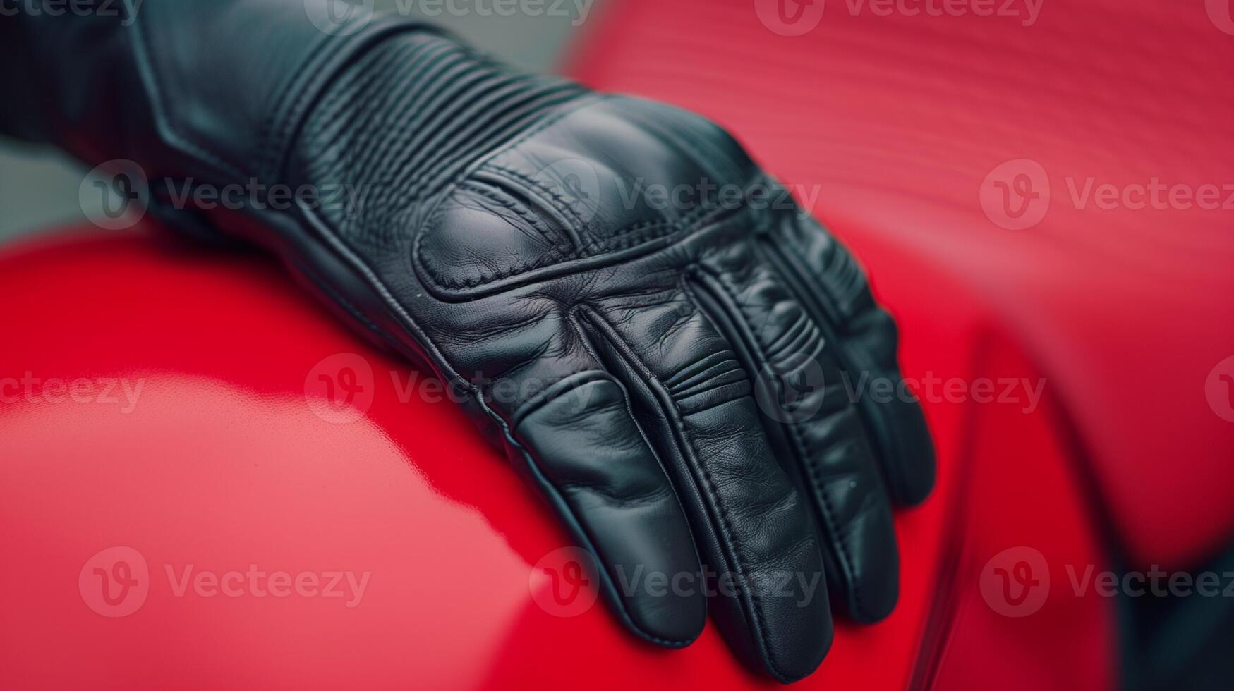 Black Leather Gloved Hand on Red Motorcycle Seat Detail Close-Up in Modern Style photo