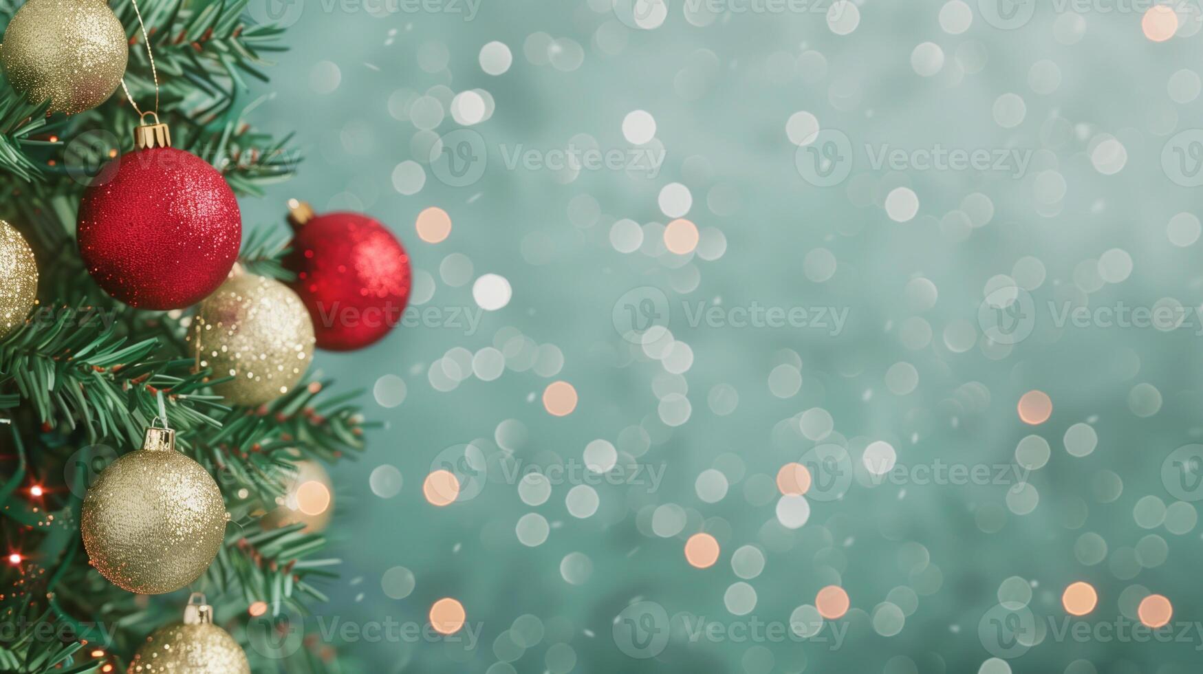 Festive Christmas Tree with Red and Gold Ornaments and Green Background with Bokeh Lights photo