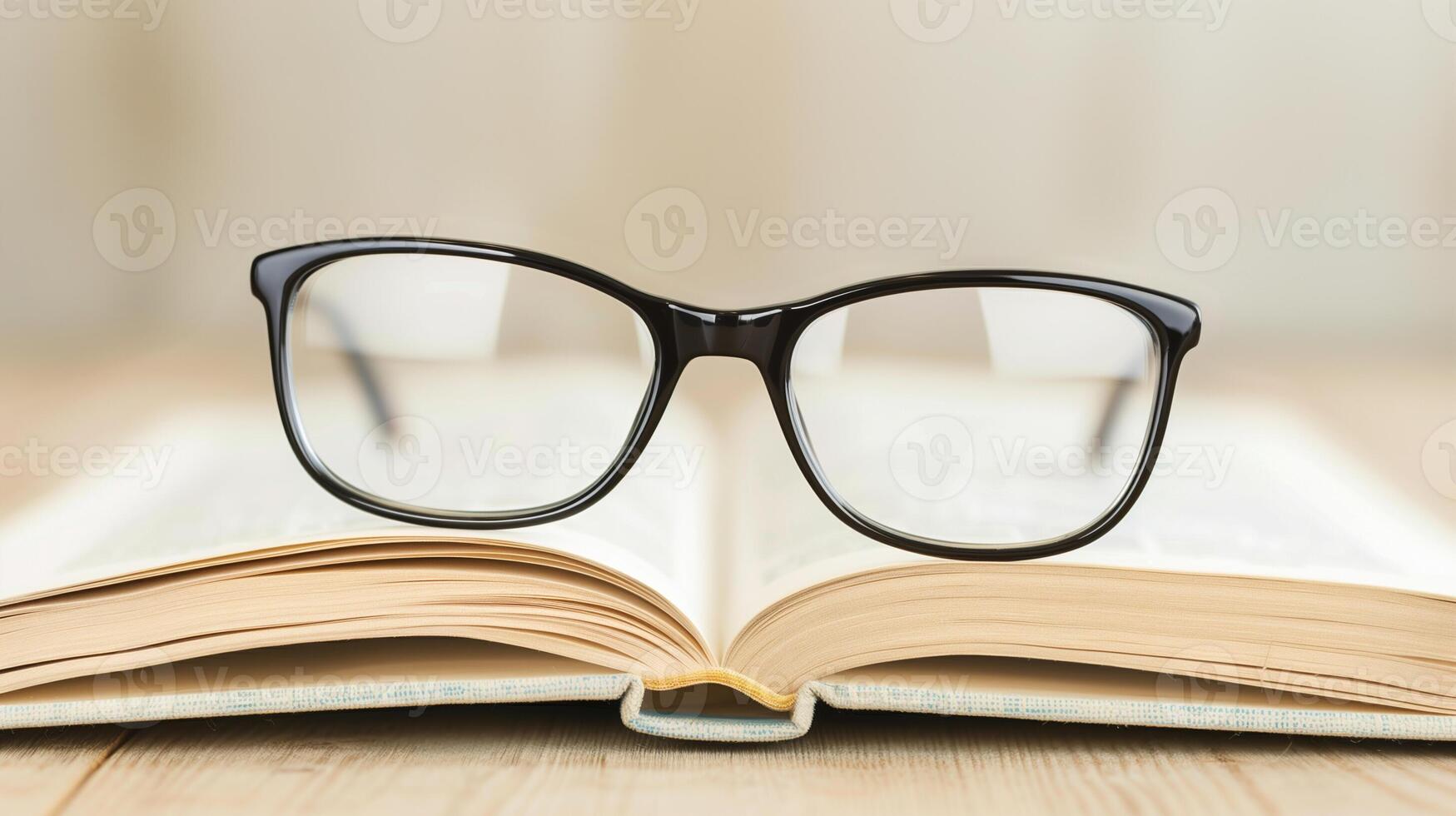 Black Reading Glasses Resting on an Open Book in Soft Focus Background, Ideal for Education, Learning, Reading, Literature, Study, Academics Knowledge Eye Care Vision Accessories, Intellectual Themes photo