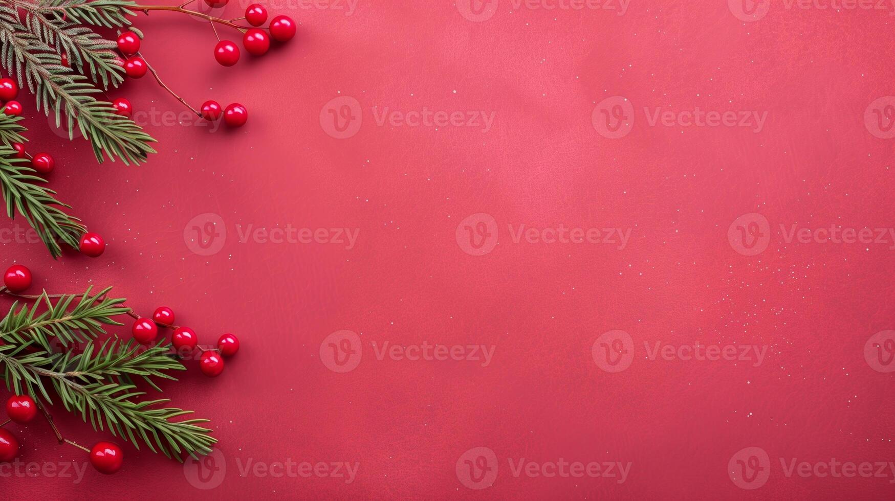 Festive Christmas Background with Red Berries and Pine Branches on Red Background photo