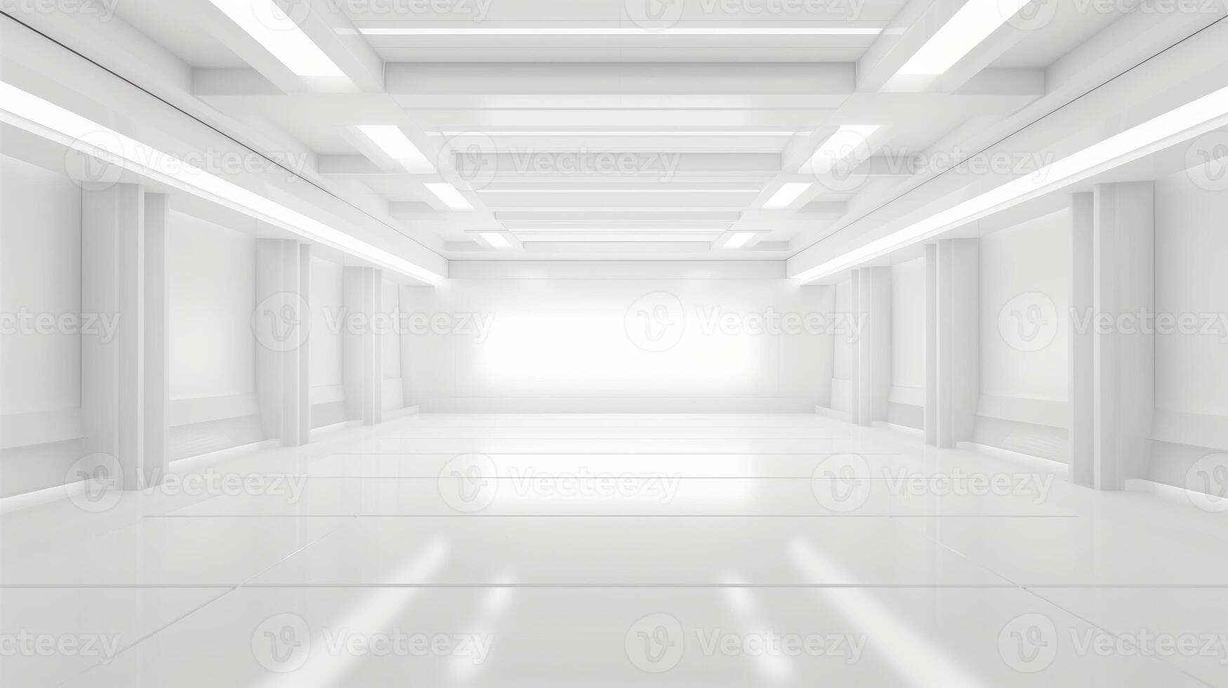 Bright White Futuristic Corridor with Symmetrical Architecture and Minimalistic Design Featuring Clean Lines, Recessed Lighting, and Reflective Surfaces in a Contemporary Space, Modern Interiors photo