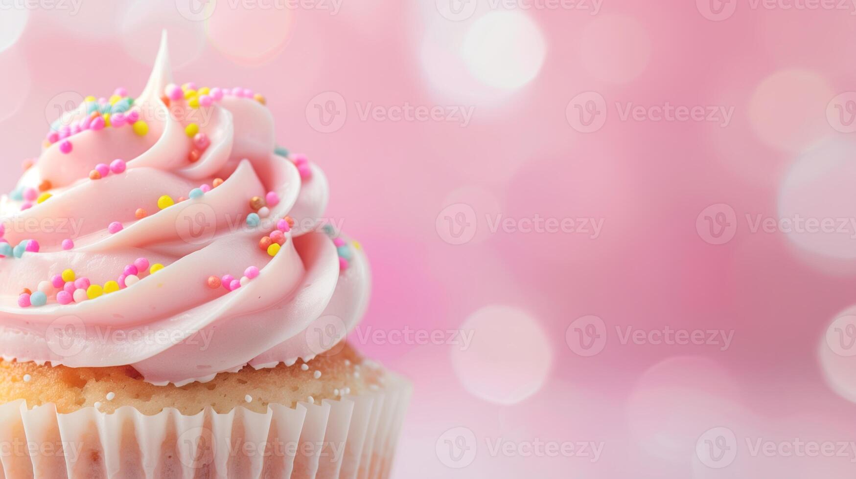 Beautifully Decorated Cupcake with Pink Frosting and Colorful Sprinkles Close Up Against Sparkling Pink Bokeh Background. Perfect Celebration Image for Birthdays, Weddings, and Festive Occasions photo