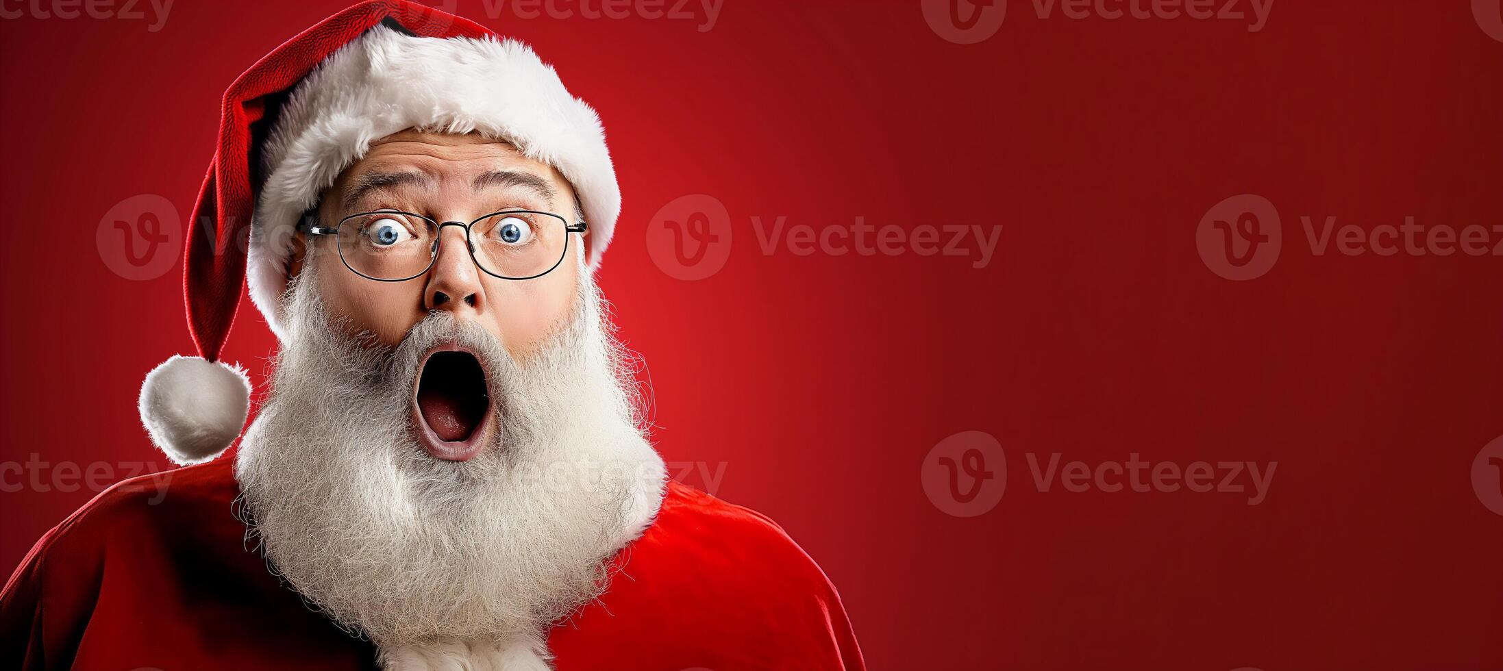 Shocked Santa Claus Wearing Glasses and Red Suit with White Beard Against Red Background for Christmas Holiday photo
