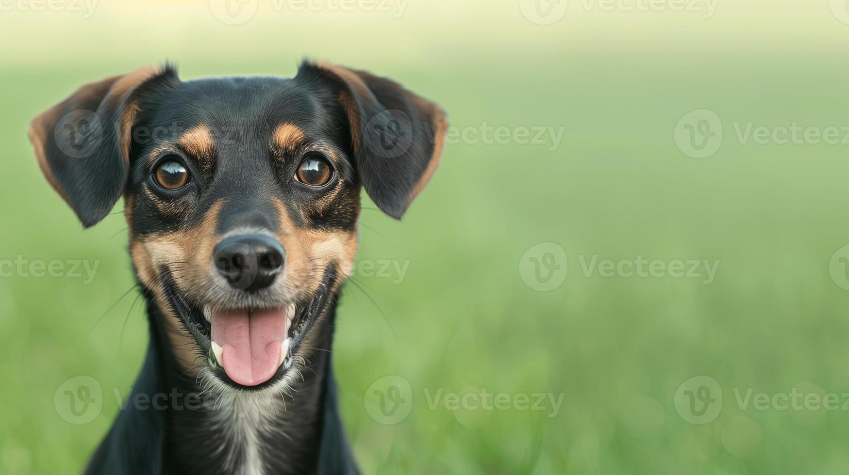 Happy Dog in Green Field With Blurred Background, Close-Up Pet Portrait With Bright Eyes and Tongue Out photo