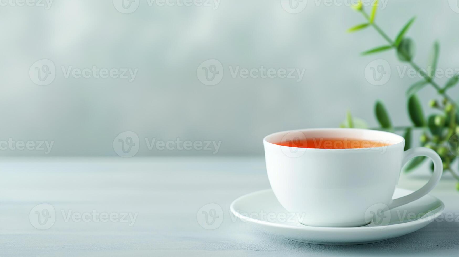 A cup of tea with a green leaf on a wooden table photo