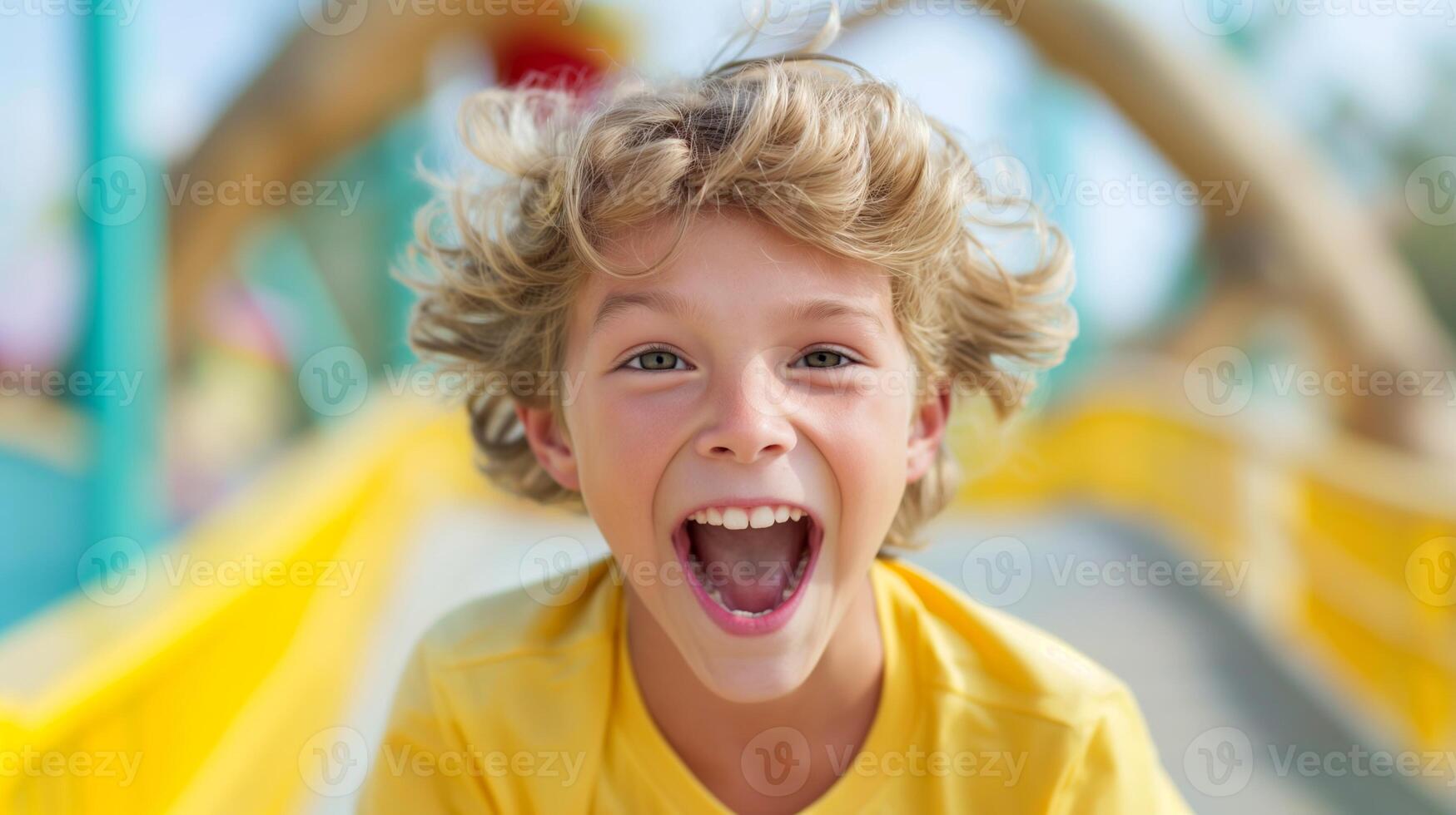 Excited Boy Enjoying Amusement Park Ride with Bright Smiles and Joyful Expression on a Sunny Day in Colorful Outdoor Setting photo