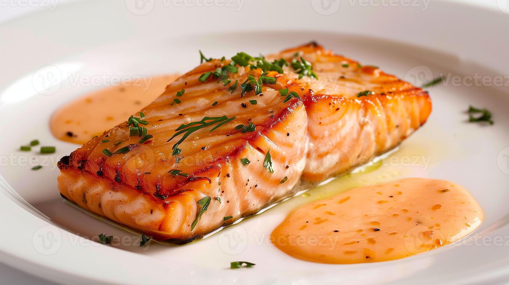 Delicious Grilled Salmon Served on White Plate with Herb Garnish and Sauce Close-Up - Fresh Seafood Meal with Perfectly Cooked Fish, Aromatic Herbs, and Flavorful Sauce for Fine Dining Concept photo