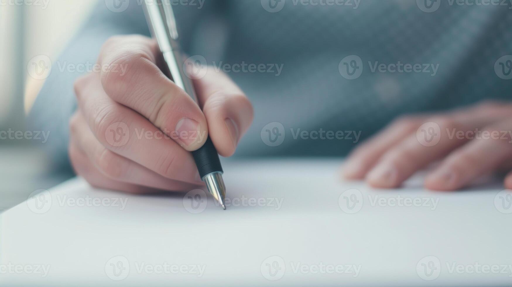 Detailed Close-Up of a Person's Hands Holding a Pen Writing on White Paper Reflecting Focus Precision in Writing or Note-Taking Showcasing Handwriting Education Business Creativity Personal Expression photo