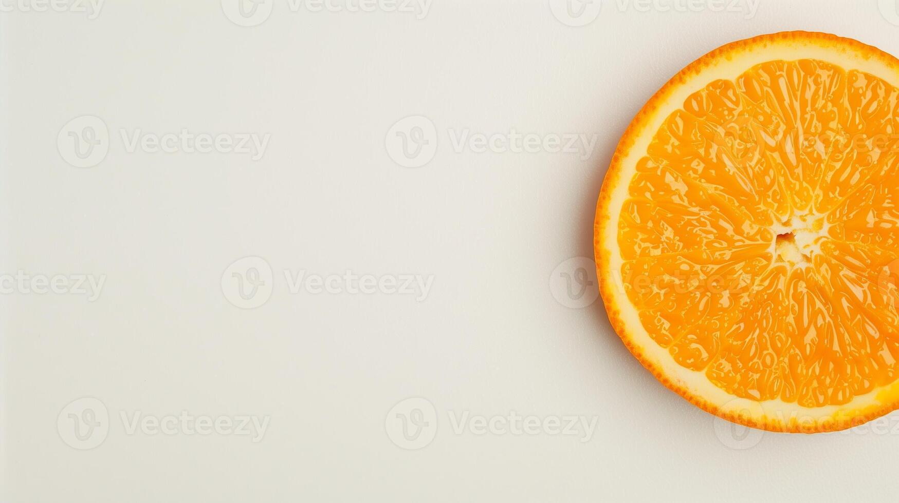 Single Fresh Orange Slice with Juice Droplets on Clean White Background Featuring Vibrant Citrus Colors and Detailed Texture Perfect for Healthy Lifestyle Cooking and Refreshing Summer Themes photo