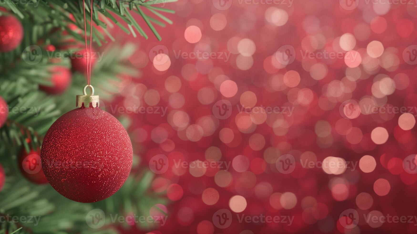 Red Christmas Ornament on Pine Tree with Bokeh Background, Festive Holiday Decoration for Seasonal Activities and Celebration Designs photo