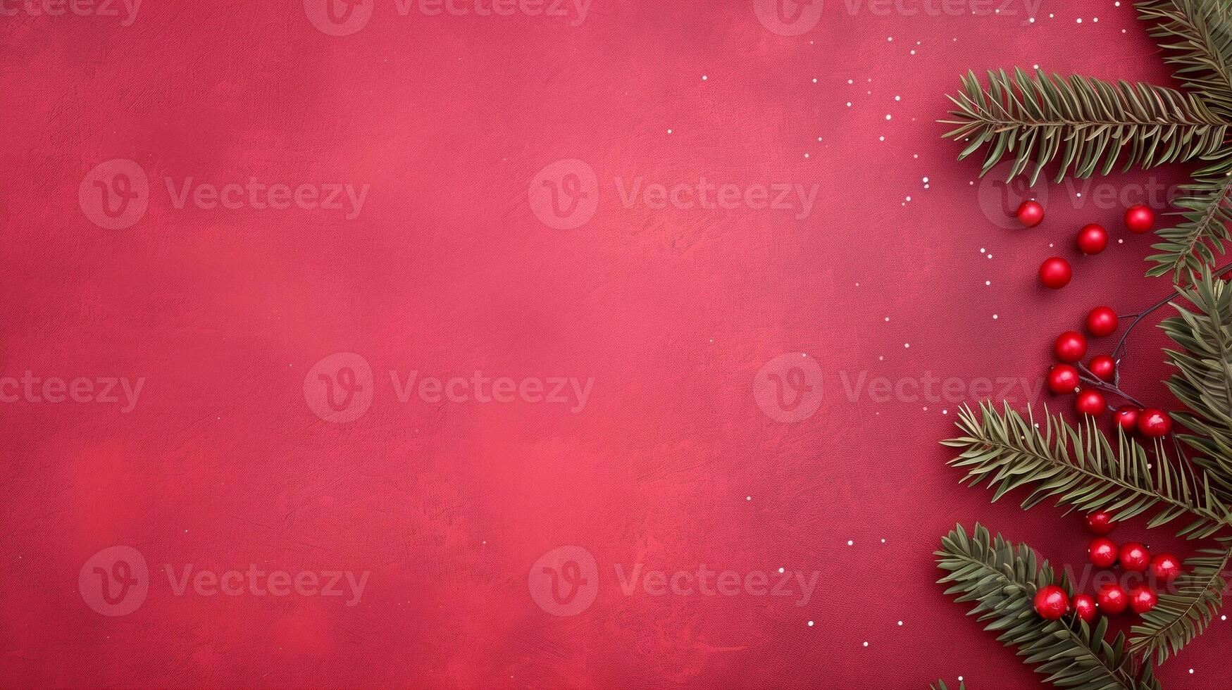 Festive Christmas Background with Red Berries and Pine Branches on Textured Red Surface photo