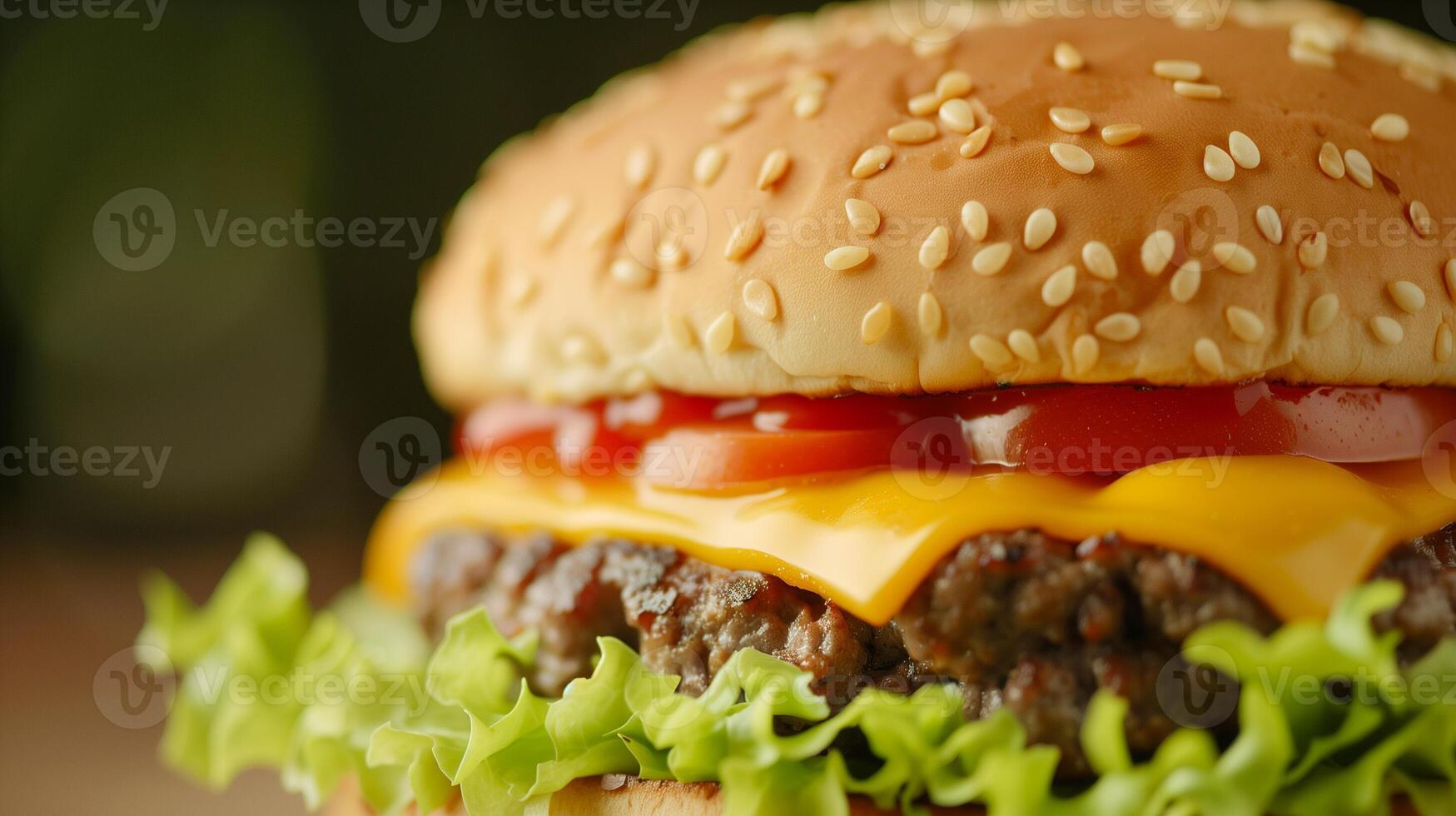 Close-Up Of Juicy Cheeseburger With Lettuce, Tomato, And Melted Cheese In Sesame Seed Bun - Perfect Summer BBQ Grilling, Restaurant Menu, Or Food Blog photo